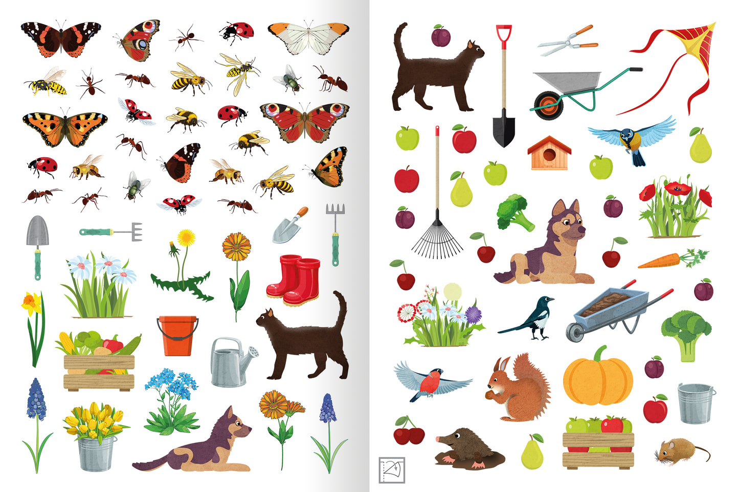 Gezeigt wird eine Innen- oder Zusatzansicht von „Erstes Stickern – Im Garten“. Die Seite enthält bunte Illustrationen von Tieren, Pflanzen und Gartengeräten. Elemente wie Schmetterlinge, Käfer, eine schwarze Katze und ein Hund sind prominent dargestellt. Diverse Gartenutensilien, wie eine Gießkanne und eine Schaufel, sind ebenso abgebildet. Die Farbpalette umfasst lebendige Töne von Grün, Rot, Blau und Gelb, während die Typografie klar und kindgerecht gestaltet ist.