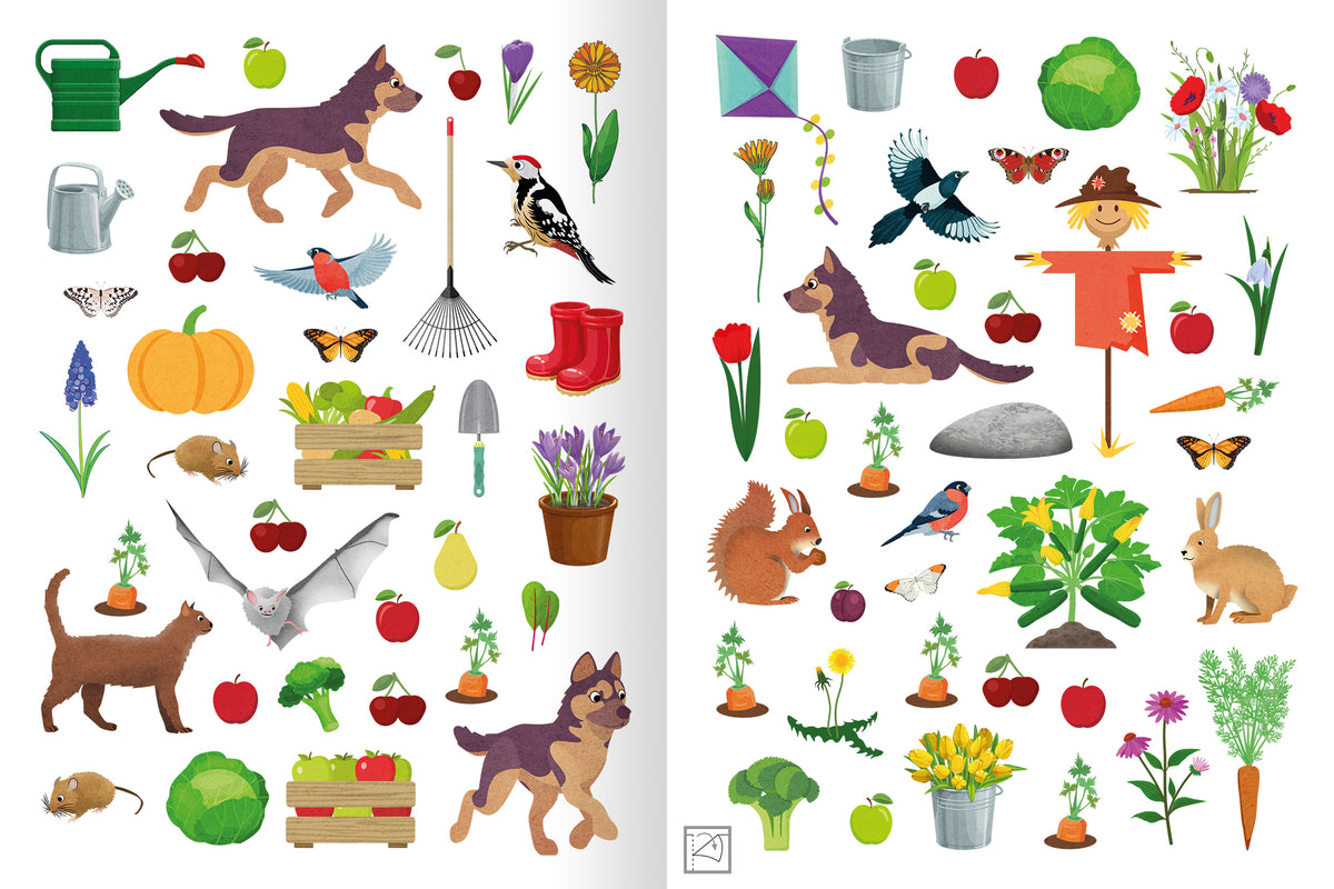 Gezeigt wird eine Innen- oder Zusatzansicht von „Erstes Stickern – Im Garten“. Die Seite enthält eine bunte Ansammlung von Gartenmotiven, einschließlich Pflanzen, Tieren und Gartenwerkzeugen. Zentrale Elemente sind Hunde, Krähen, ein Frosch und verschiedene Blumen in lebhaften Farben wie Rot, Grün, Blau und Gelb. Die Typografie ist kindgerecht gestaltet und unterstützt die visuelle Ansprache. Die Illustrationen sind klar und freundlich, was ein einladendes Ambiente schafft.