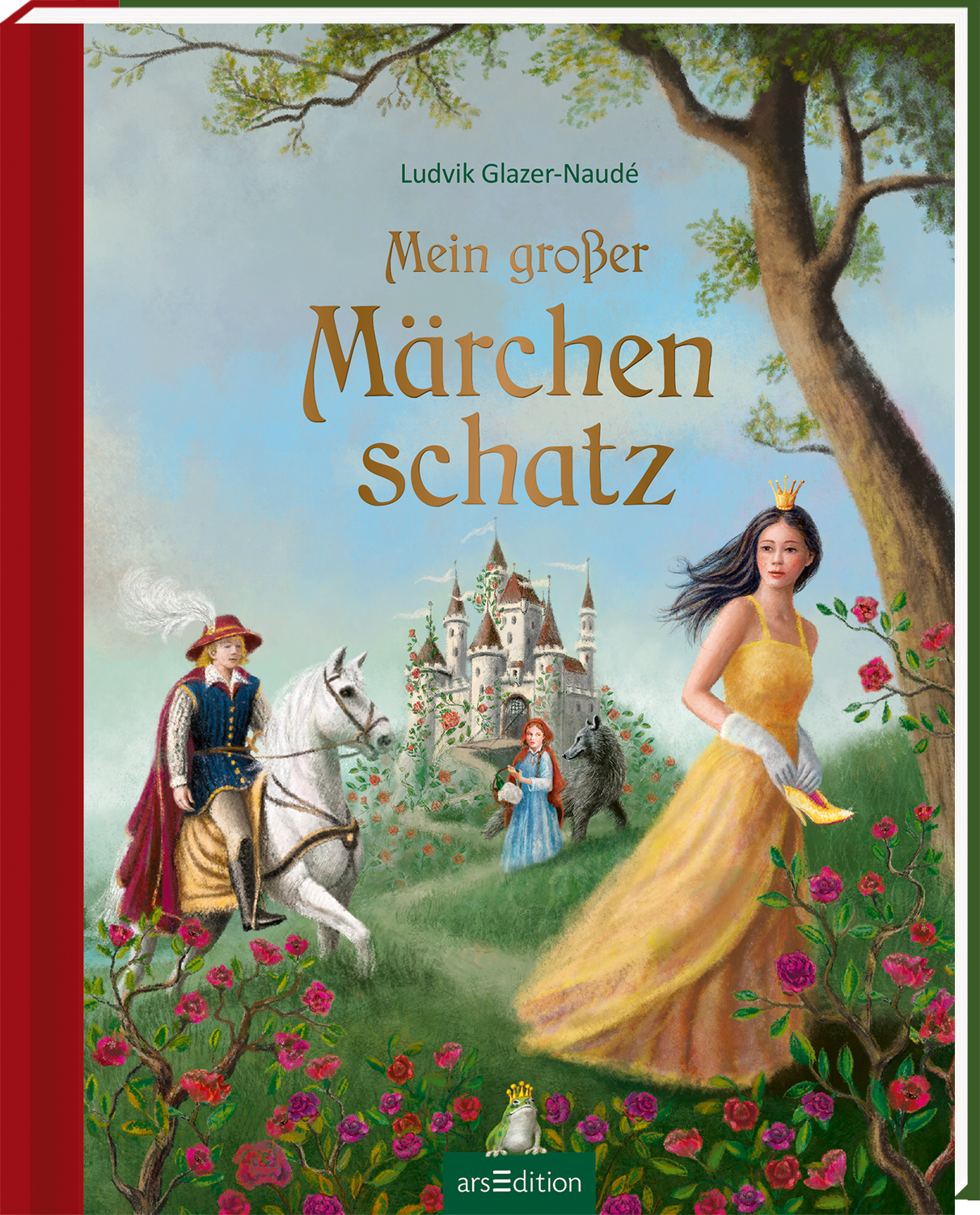 Das Cover zeigt eine farbenfrohe Märchenlandschaft mit einem Schloss im Hintergrund. Im Vordergrund stehen zwei Figuren: ein Ritter auf einem weißen Pferd und eine Prinzessin mit blonden Haaren, die eine goldene Krone trägt. Neben ihr ist ein Mädchen in einem blauen Kleid. Über dem Bild prangt der Titel „Mein großer Märchenschatz“ in verschnörkelter, goldener Schrift. In der oberen rechten Ecke befindet sich ein SPIEGEL-Bestseller-Button. Ganz unten mittig steht der Logoschriftzug...