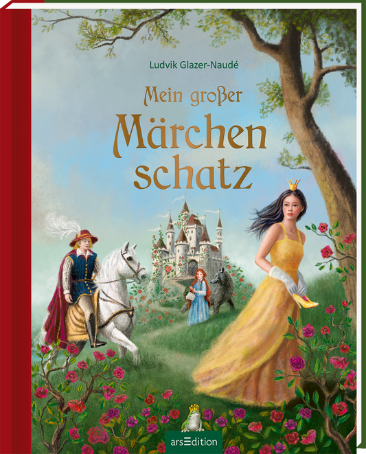 Das Cover zeigt eine farbenfrohe Märchenlandschaft mit einem Schloss im Hintergrund. Im Vordergrund stehen zwei Figuren: ein Ritter auf einem weißen Pferd und eine Prinzessin mit blonden Haaren, die eine goldene Krone trägt. Neben ihr ist ein Mädchen in einem blauen Kleid. Über dem Bild prangt der Titel „Mein großer Märchenschatz“ in verschnörkelter, goldener Schrift. In der oberen rechten Ecke befindet sich ein SPIEGEL-Bestseller-Button. Ganz unten mittig steht der Logoschriftzug...