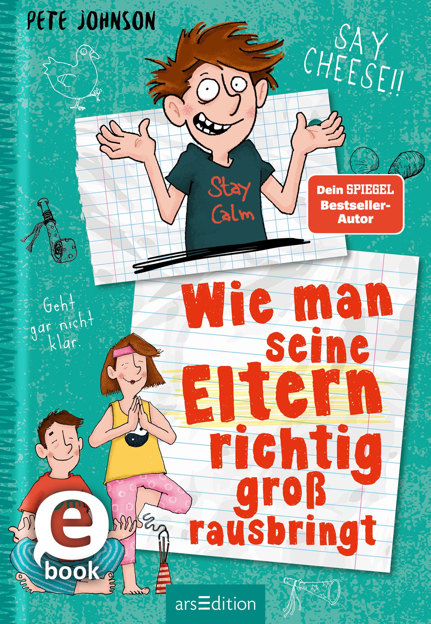 Das Buchcover zeigt einen bunten Hintergrund in Türkis. Darauf steht auf einer weißen, linierten Seite in großen, roten Buchstaben der Titel „Wie man seine Eltern richtig groß rausbringt“. Über dem Titel ist ein Junge abgebildet, der grinst und ein T-Shirt mit der Aufschrift "Stay Calm" trägt. Unten links sieht man erwachsene Personen, die meditieren und Yoga-Posen eingenommen haben. Oben rechts prangt der Text „Dein SPIEGEL Bestseller-Autor“. Ganz unten mittig steht der...