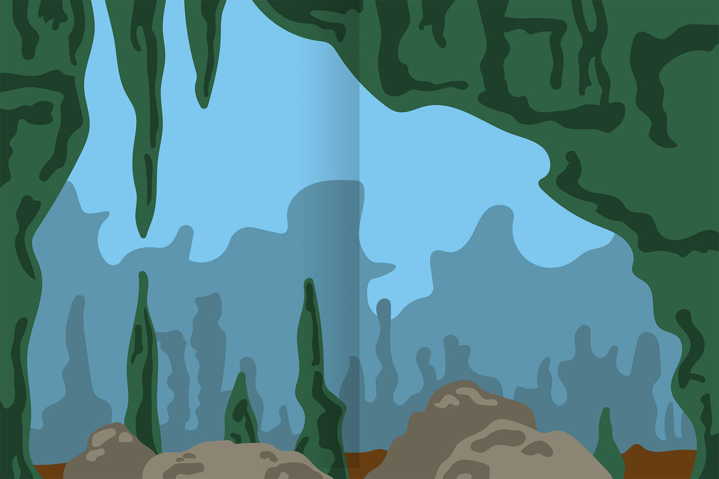 Gezeigt wird eine Innen- oder Zusatzansicht von „Erstes Stickern Metallic – Unter Wasser“. Die Illustration präsentiert eine kühle Unterwasserlandschaft mit sanften Blautönen, die das Wasser darstellen, und dunklen Grüntönen für Wasserpflanzen. Im Vordergrund sind graue Steine sichtbar, die dem Bild Struktur verleihen. Die Typografie ist kindgerecht und einladend, ohne zusätzliche Textelemente in dieser Ansicht.