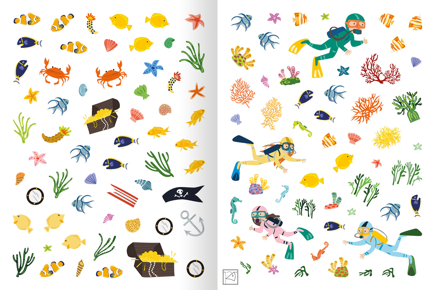 Gezeigt wird eine Innen- oder Zusatzansicht von „Erstes Stickern Metallic – Unter Wasser“. Die Seite präsentiert eine bunte Vielfalt an Unterwasser-Illustrationen, die fischartige und maritime Motive zeigen, darunter Fische in Gelb, Blau und Orange, Krabben, Seesterne sowie verschiedene Korallen. Auf der rechten Seite sind Scuba-Taucher in lebendigen Farben, wie Grün und Blau, abgebildet. Die Typografie ist verspielt und kindgerecht, abgestimmt auf das maritime Thema.
