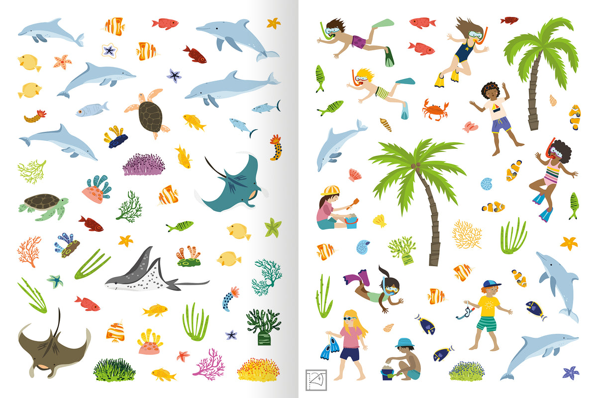 Gezeigt wird eine Innen- oder Zusatzansicht von „Erstes Stickern Metallic – Unter Wasser“. Die Illustration zeigt eine bunte Ansammlung maritimer Elemente, darunter Fische, Haie, Schildkröten und lebendige Korallen. Auf der rechten Seite sind Kinder beim Spielen im Wasser sowie Palmen abgebildet. Die Farben sind lebhaft und vielfältig, mit einem dominierenden Blau für das Wasser und unterschiedlichen Farbtönen für die Unterwasserlebewesen. Die Typografie ist kindgerecht und verspielt.