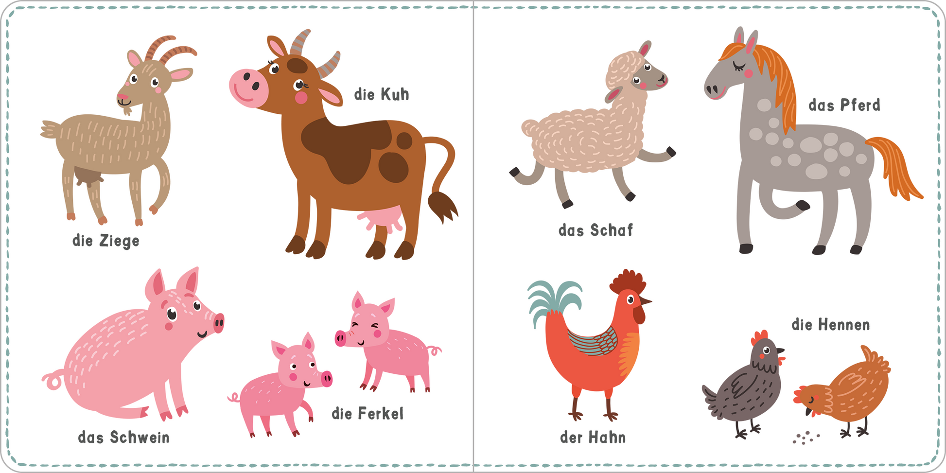 Gezeigt wird eine Innen- oder Zusatzansicht von „Mein kunterbuntes Wörterbuch – Tiere“. Die Illustration zeigt verschiedene Tiere, darunter eine Ziege, eine Kuh, ein Schwein und ein Pferd, in sanften, pastelligen Farben. Die Tiere sind in einem schlichten, kindgerechten Stil dargestellt. Unter jedem Tier befindet sich der jeweilige Name in klarer, gut lesbarer Schrift, die in einer freundlichen, runden Typografie gehalten ist. Die Gesamtkomposition wirkt lebhaft und ansprechend für...
