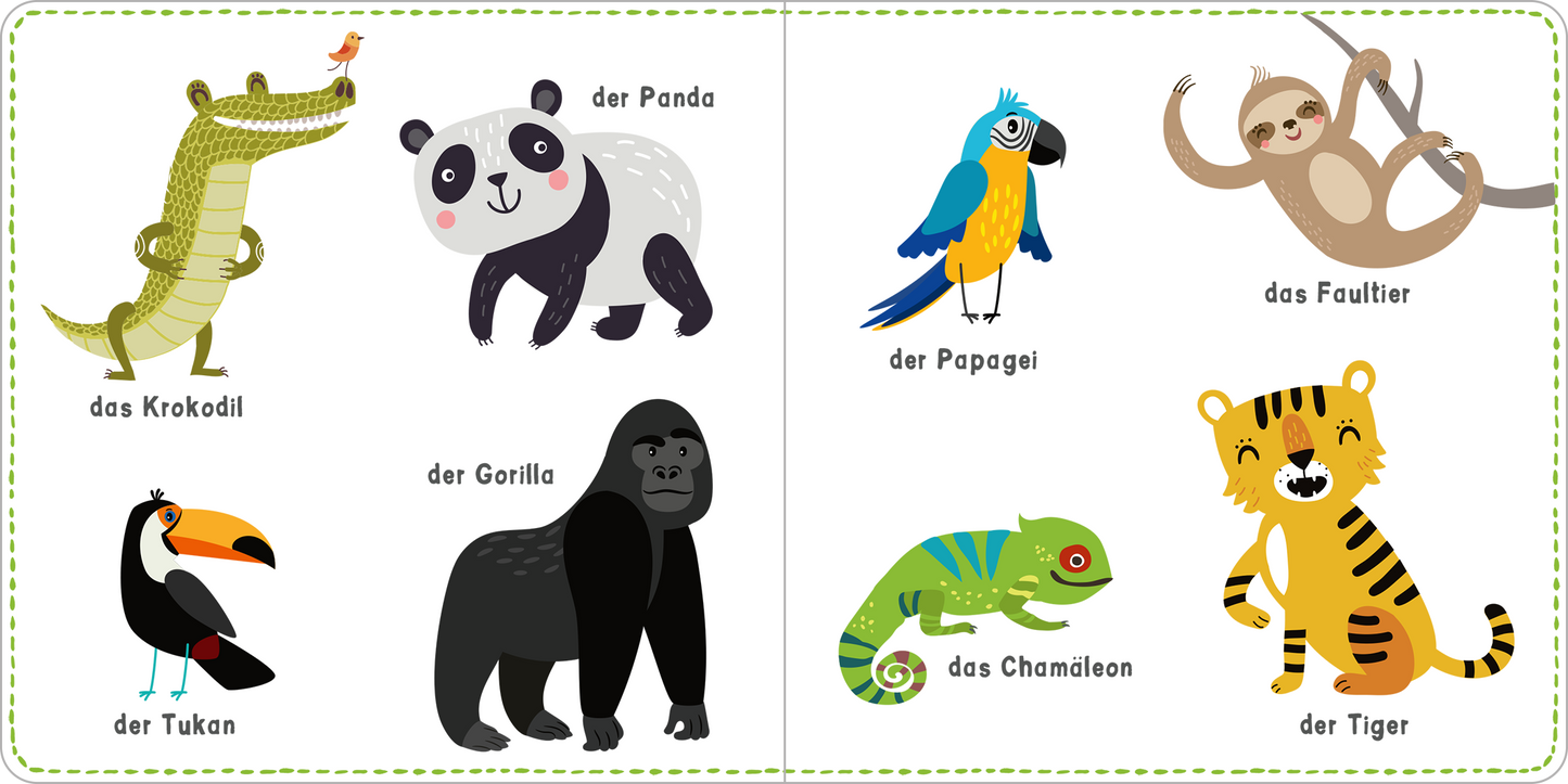 Gezeigt wird eine Innen- oder Zusatzansicht von „Mein kunterbuntes Wörterbuch – Tiere“. Die Darstellung zeigt verschiedene farbenfrohe Tierillustrationen, darunter ein Krokodil, einen Panda, einen Papagei, ein Faultier, einen Tukan, einen Gorilla, ein Chamäleon und einen Tiger. Jedes Tiername ist klar in gelber Schrift unter dem jeweiligen Tier abgebildet. Die Illustrationen sind verspielt und die Farben lebhaft, was die kindliche Zielgruppe anspricht. Der Hintergrund ist schlicht...