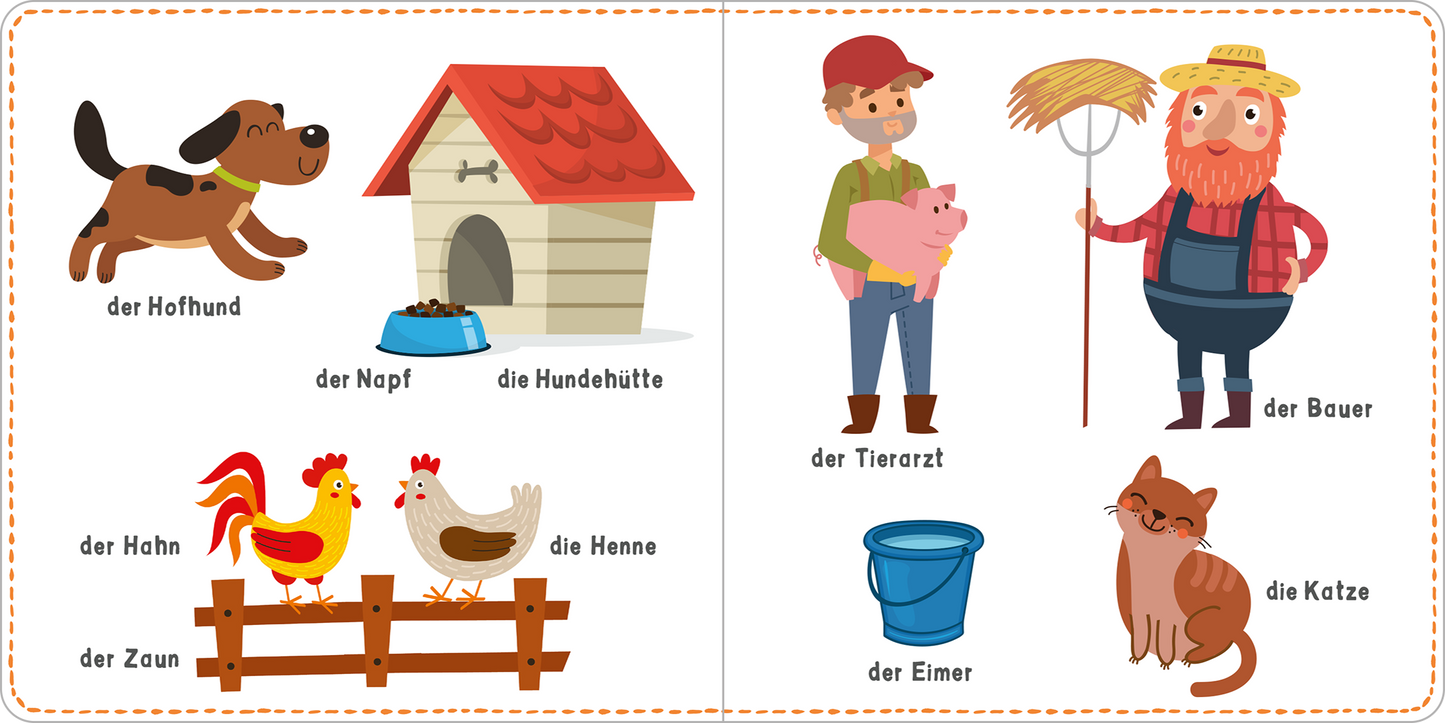 Gezeigt wird eine Innen- oder Zusatzansicht von „Mein kunterbuntes Wörterbuch – Bauernhof“. Die Illustration zeigt einen lebhaften Bauernhof mit einem Hund, der spielend neben seiner Hundehütte läuft. Auf der linken Seite sind ein Hahn, eine Henne und ein Zaun abgebildet. Auf der rechten Seite sind der Bauer mit einem Hut und Bart, der ein Schwein hält, sowie ein Tierarzt zu sehen, der einen Eimer in der Hand hält. Bunte, freundliche Farben und eine kindgerechte Schrift gestalten das...