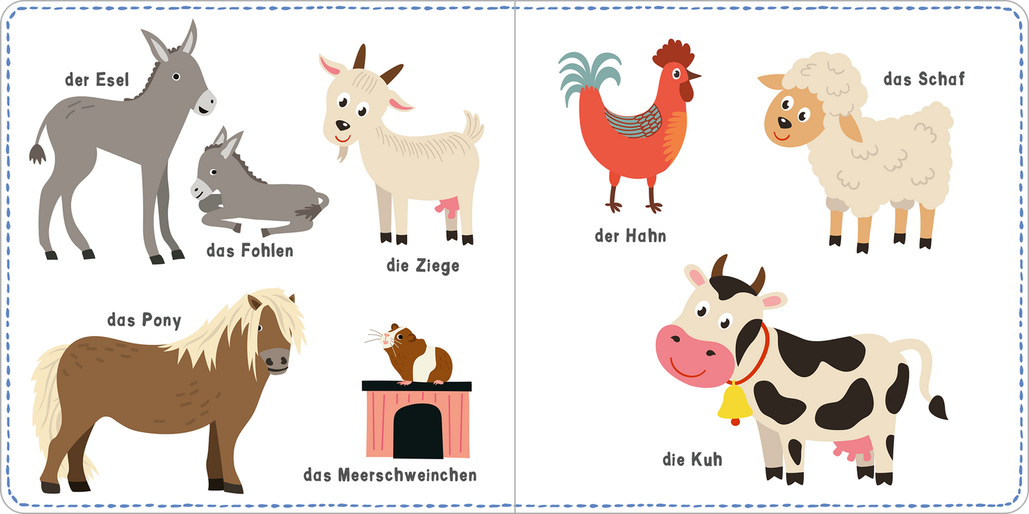 Gezeigt wird eine Innen- oder Zusatzansicht von „Mein kunterbuntes Wörterbuch – Bauernhof“. Die Doppelseite zeigt verschiedene Tiere auf einem Bauernhof, darunter einen Esel, ein Fohlen, eine Ziege, ein Pony, ein Meerschweinchen, einen Hahn, ein Schaf und eine Kuh. Die Tierillustrationen sind einfach und bunt gestaltet, mit klaren, gut lesbaren Schriftarten unter jedem Tiernamen. Die Farben sind lebhaft und fördern eine fröhliche Atmosphäre.