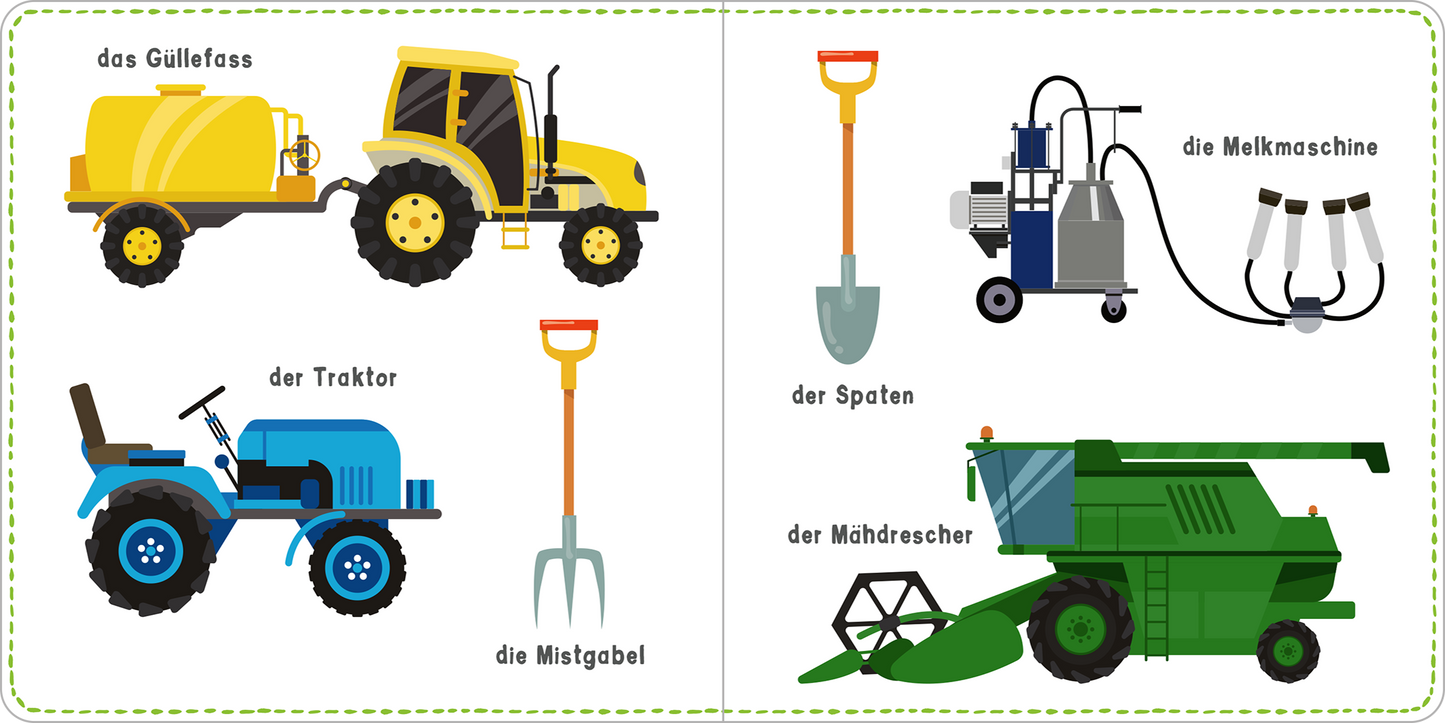 Gezeigt wird eine Innen- oder Zusatzansicht von „Mein kunterbuntes Wörterbuch – Bauernhof“. Die Seite zeigt verschiedene landwirtschaftliche Geräte, wie einen gelben Güllefass, einen blauen Traktor und einen grünen Mähdrescher, die in kräftigen Farben gestaltet sind. Ergänzend sind Werkzeuge wie die Mistgabel und der Spaten abgebildet. Die Typografie ist klar und kindgerecht, mit gut lesbaren Schriftzügen, die die jeweiligen Bilder beschreiben.