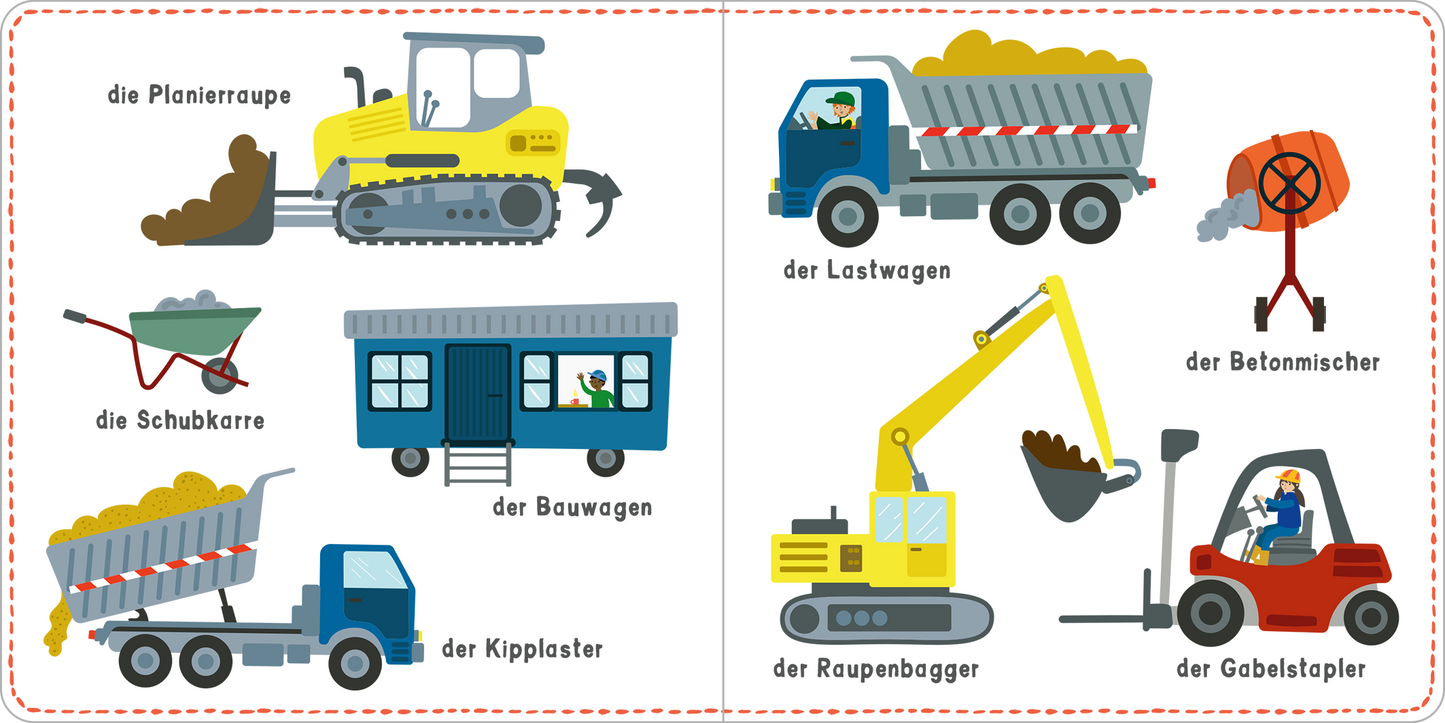 Gezeigt wird eine Innen- oder Zusatzansicht von „Mein kunterbuntes Wörterbuch – Fahrzeuge“. Auf der Abbildung sind verschiedene Baufahrzeuge und -geräte in leuchtenden Farben dargestellt. Zu sehen sind unter anderem eine Planierraupe, ein Lastwagen, ein Kipper und ein Betonmischer. Die Typografie ist freundlich und kindgerecht, mit klarer Beschriftung der Fahrzeuge. Der Hintergrund ist einfach gehalten, um die bunten Illustrationen hervorzuheben.