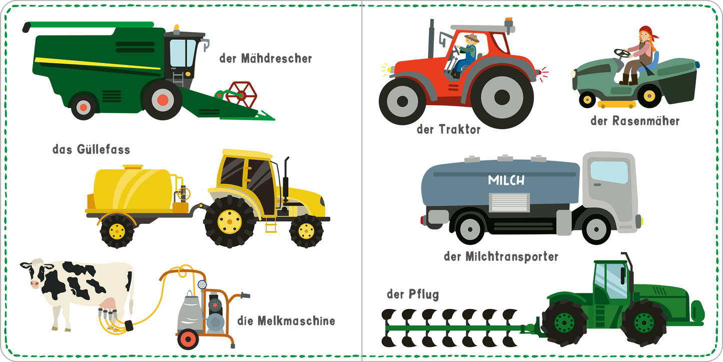 Gezeigt wird eine Innen- oder Zusatzansicht von „Mein kunterbuntes Wörterbuch – Fahrzeuge“. Die Seite präsentiert farbenfrohe Illustrationen von verschiedenen landwirtschaftlichen Fahrzeugen, darunter ein Mähdrescher in Grün, ein roter Traktor und ein grauer Milchtransporter mit der Beschriftung „MILCH“. Daneben sind eine Melkmaschine, ein Güllefass und ein Pflug abgebildet. Jedes Fahrzeug ist mit dem entsprechenden Begriff in klarem, schwarz-weißem Text beschriftet, was die...