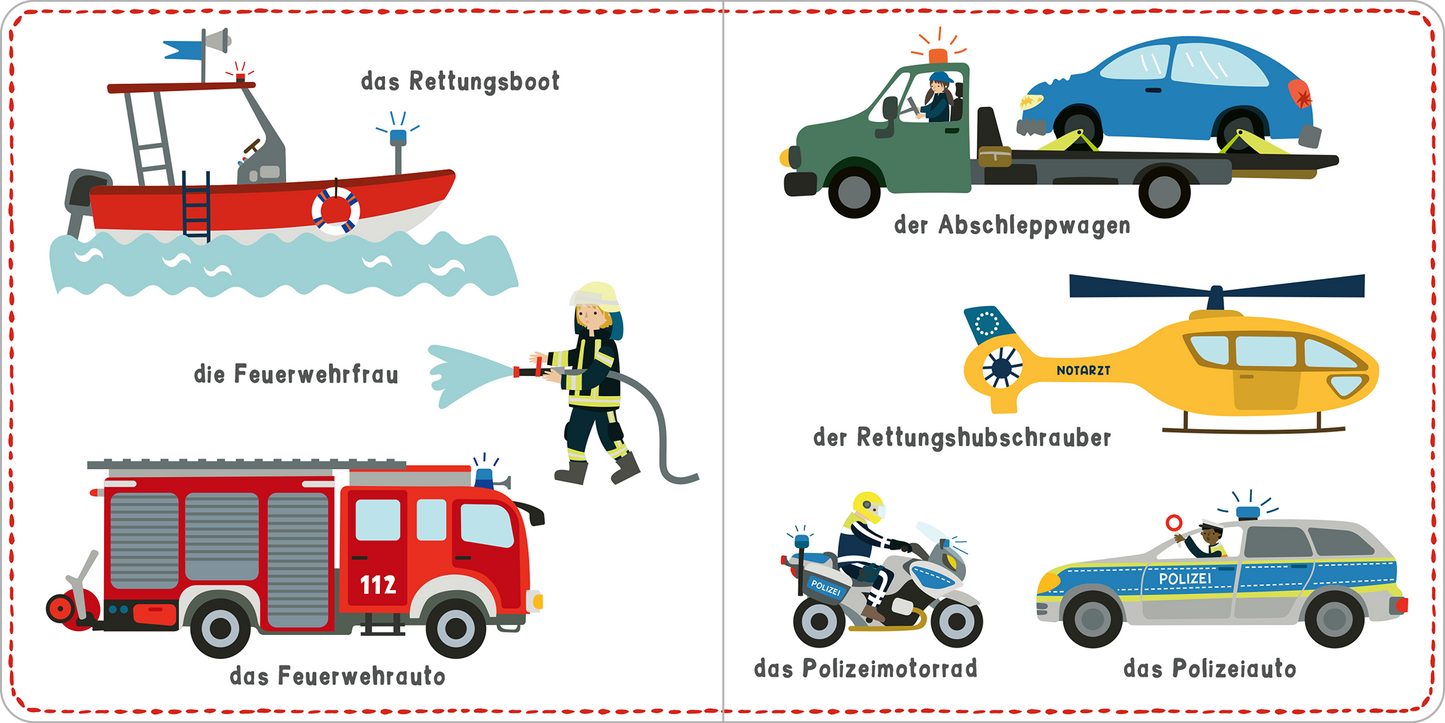 Gezeigt wird eine Innen- oder Zusatzansicht von „Mein kunterbuntes Wörterbuch – Fahrzeuge“. Die Illustration zeigt eine Vielzahl von Fahrzeugen und Einsatzkräften. Zu sehen sind ein rotes Rettungsboot, ein Feuerwehrwagen mit der Nummer 112, ein Abschleppwagen mit einem blau lackierten Auto, ein gelber Rettungshubschrauber, ein Polizeimotorrad und ein Polizeiauto. Die Figuren sind bunt gestaltet, wobei die Feuerwehrfrau mit einem Feuerwehrschlauch dargestellt wird. Umrandungen und Text...
