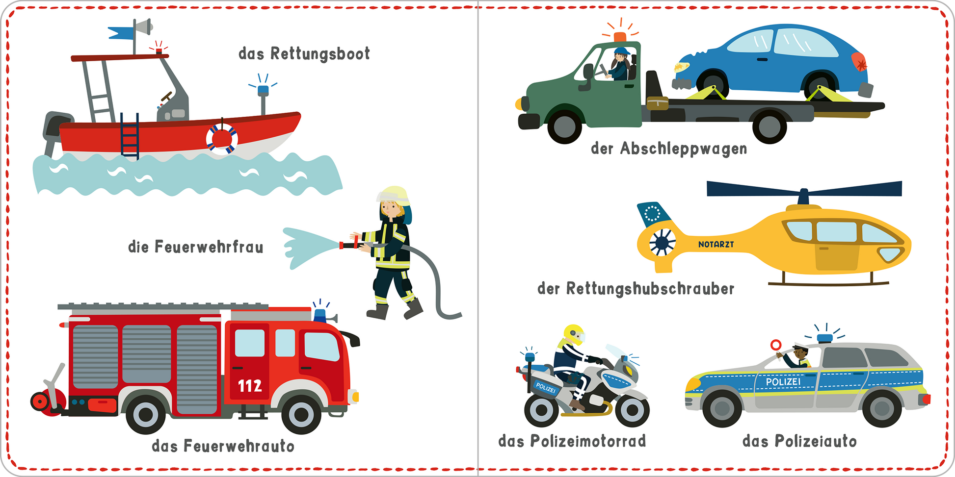 Gezeigt wird eine Innen- oder Zusatzansicht von „Mein kunterbuntes Wörterbuch – Fahrzeuge“. Die Illustration zeigt eine Vielzahl von Fahrzeugen und Einsatzkräften. Zu sehen sind ein rotes Rettungsboot, ein Feuerwehrwagen mit der Nummer 112, ein Abschleppwagen mit einem blau lackierten Auto, ein gelber Rettungshubschrauber, ein Polizeimotorrad und ein Polizeiauto. Die Figuren sind bunt gestaltet, wobei die Feuerwehrfrau mit einem Feuerwehrschlauch dargestellt wird. Umrandungen und Text...
