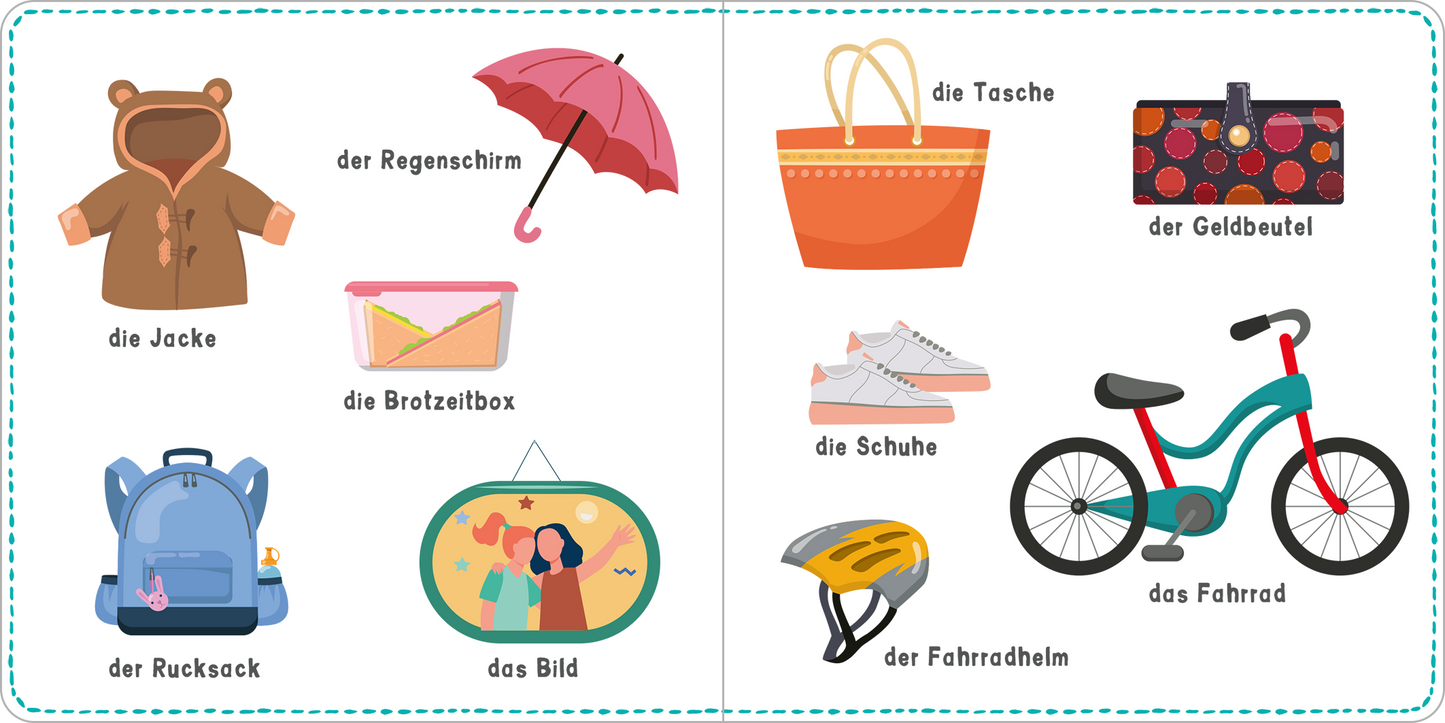 Gezeigt wird eine Innen- oder Zusatzansicht von „Mein kunterbuntes Wörterbuch – Sachen“. Die Seite präsentiert eine Vielzahl bunter Illustrationen, darunter ein Rucksack, ein Regenschirm, eine Jacke und ein Fahrrad. Die Objekte sind klar und einfach dargestellt, wobei lebendige Farben wie Blau, Rot und Gelb dominieren. Die Typografie ist kindgerecht, einfach lesbar, und die Begriffe sind neben den Bildern aufgeführt, um den Lernprozess zu unterstützen.