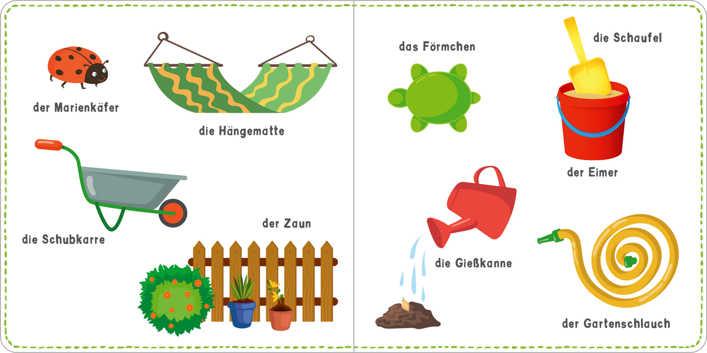 Gezeigt wird eine Innen- oder Zusatzansicht von „Mein kunterbuntes Wörterbuch – Sachen“. Die Seite zeigt eine farbenfrohe Illustration mit verschiedenen Gartenutensilien und Tieren. Auf der linken Seite befinden sich der Marienkäfer, die Hängematte, die Schubkarre und der Zaun. Auf der rechten Seite sind das Förmchen, die Schaufel, der Eimer, die Gießkanne, der Gartenschlauch und ein Schild mit der Bezeichnung „Müll“. Die Illustrationen sind in lebendigen Farben gehalten, mit...