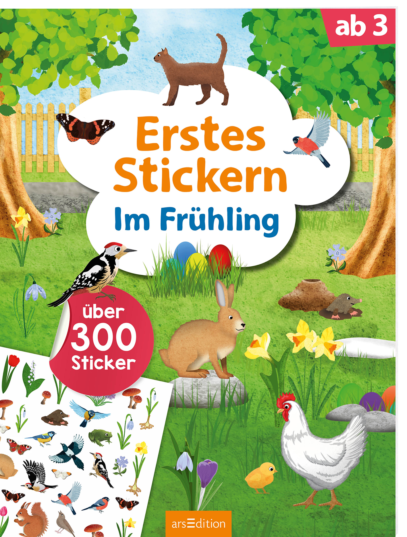 Auf dem Buchcover „Erstes Stickern Im Frühling“ sind fröhliche und bunte Illustrationen von Tieren und Pflanzen in einer Gartenszene zu sehen. Dominierende Farben sind frisches Grün, lebhaftes Gelb und sanftes Blau. Der Titel ist in großen, orangefarbenen und weißen Buchstaben gestaltet. Unten links befindet sich ein rotes, kreisförmiges Element mit dem Text „über 300 Sticker“. Ganz unten mittig steht der Logoschriftzug von arsEdition.