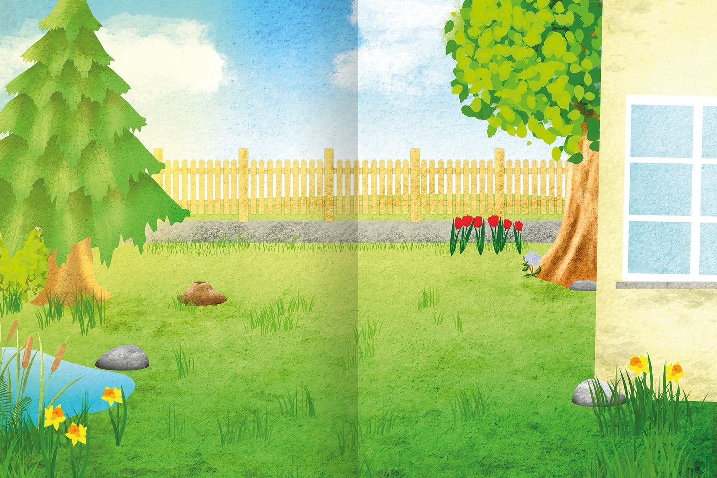 Gezeigt wird eine Innen- oder Zusatzansicht von „Erstes Stickern – Im Frühling“. Die Illustration präsentiert eine idyllische Frühlingslandschaft mit grünem Gras, bunten Blumen und einem großen, grünen Baum. Im Hintergrund ist ein Holzzaun sichtbar, während auf der linken Seite eine kleine Wasserstelle mit einem Stein liegt. Ein helles, freundliches Farbschema aus Blau, Grün und Gelb prägt die Darstellung. Die Typografie wirkt verspielt, passend zum kindlichen Thema.