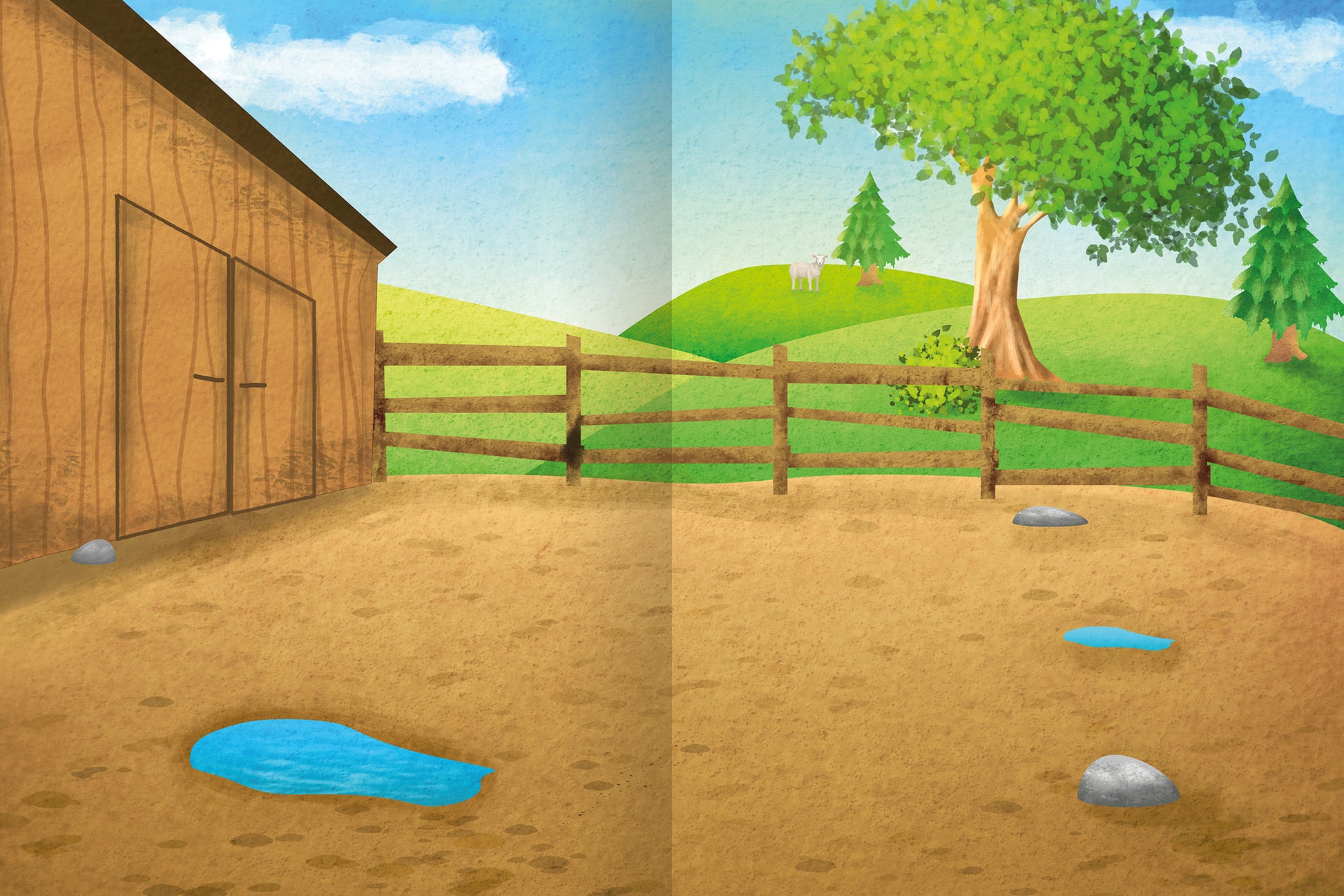 Gezeigt wird eine Innen- oder Zusatzansicht von „Erstes Stickern – Im Frühling“. Die Illustration zeigt eine weite, sonnige Landschaft mit sanften grünen Hügeln und einem großen Baum. Im Vordergrund befindet sich eine sandige Fläche mit mehreren kleinen Wasserpfützen und grauen Steinen. Rechts ist ein Zaun zu sehen, während links ein Holzgebäude mit einer Tür erkennbar ist. Der Himmel ist blau mit vereinzelten weißen Wolken, was eine freundliche und einladende Atmosphäre...