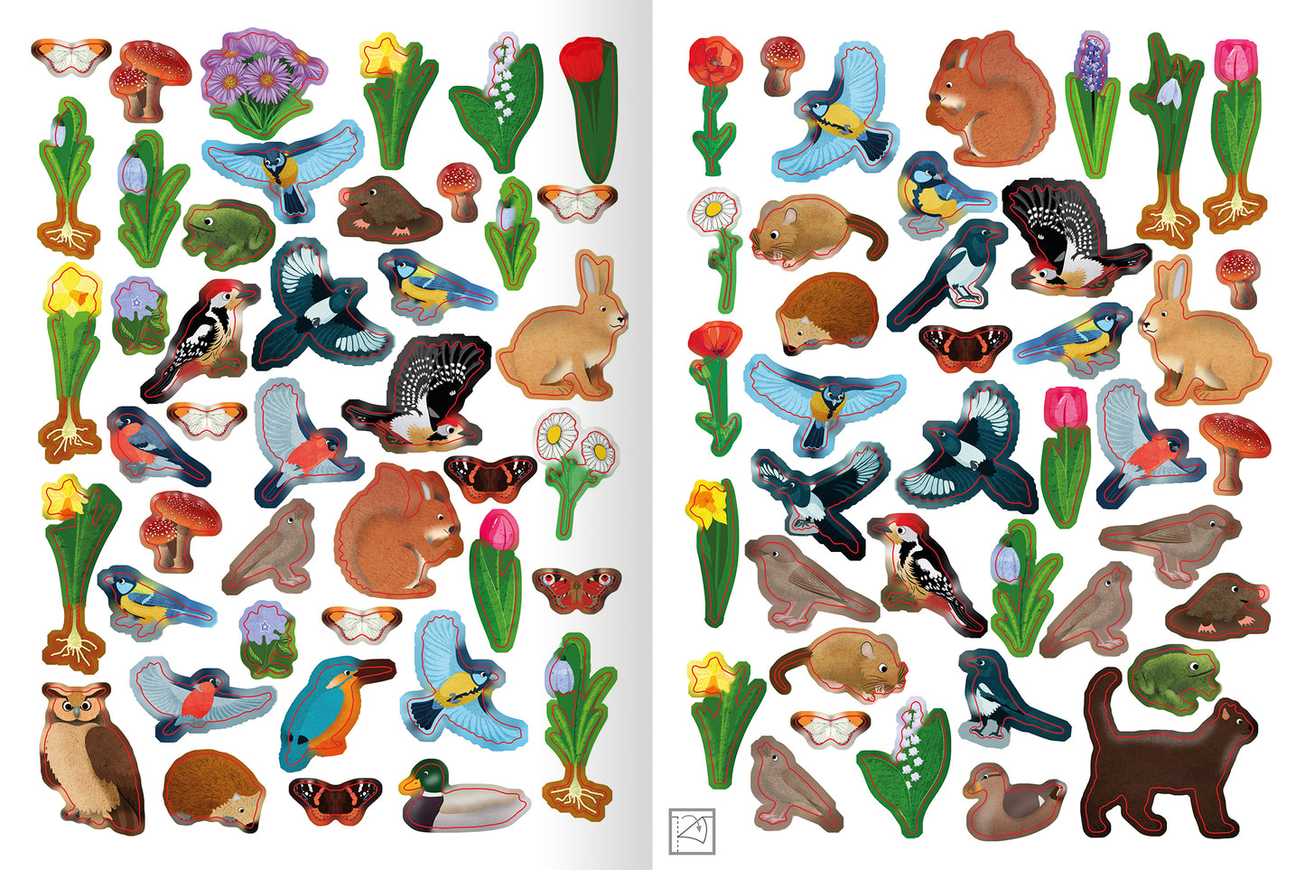 Gezeigt wird eine Innen- oder Zusatzansicht von „Erstes Stickern – Im Frühling“. Die Doppelseite ist mit bunten, frühlingshaften Aufklebern gestaltet. Auf hellen Hintergründen sind verschiedene Tiere wie Igel, Fledermäuse und Vögel sowie zahlreiche Blumen in lebendigen Farben abgebildet. Die Typografie der Titel und Beschreibungen ist verspielt und kindgerecht, wodurch eine einladende Atmosphäre entsteht. Die Gestaltung regt die Kreativität an und spiegelt die Vielfalt der Natur...