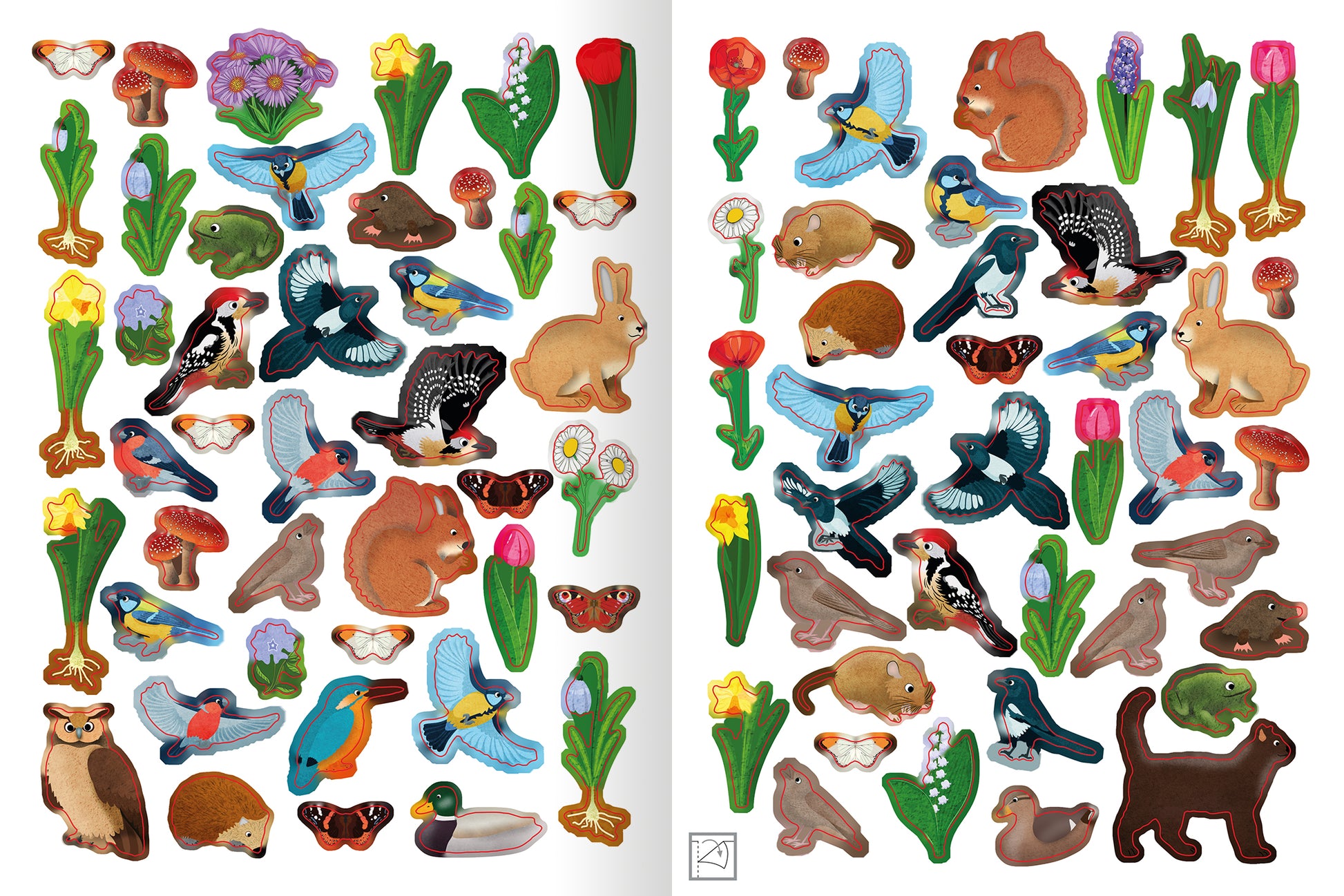 Gezeigt wird eine Innen- oder Zusatzansicht von „Erstes Stickern – Im Frühling“. Die Doppelseite ist mit bunten, frühlingshaften Aufklebern gestaltet. Auf hellen Hintergründen sind verschiedene Tiere wie Igel, Fledermäuse und Vögel sowie zahlreiche Blumen in lebendigen Farben abgebildet. Die Typografie der Titel und Beschreibungen ist verspielt und kindgerecht, wodurch eine einladende Atmosphäre entsteht. Die Gestaltung regt die Kreativität an und spiegelt die Vielfalt der Natur...