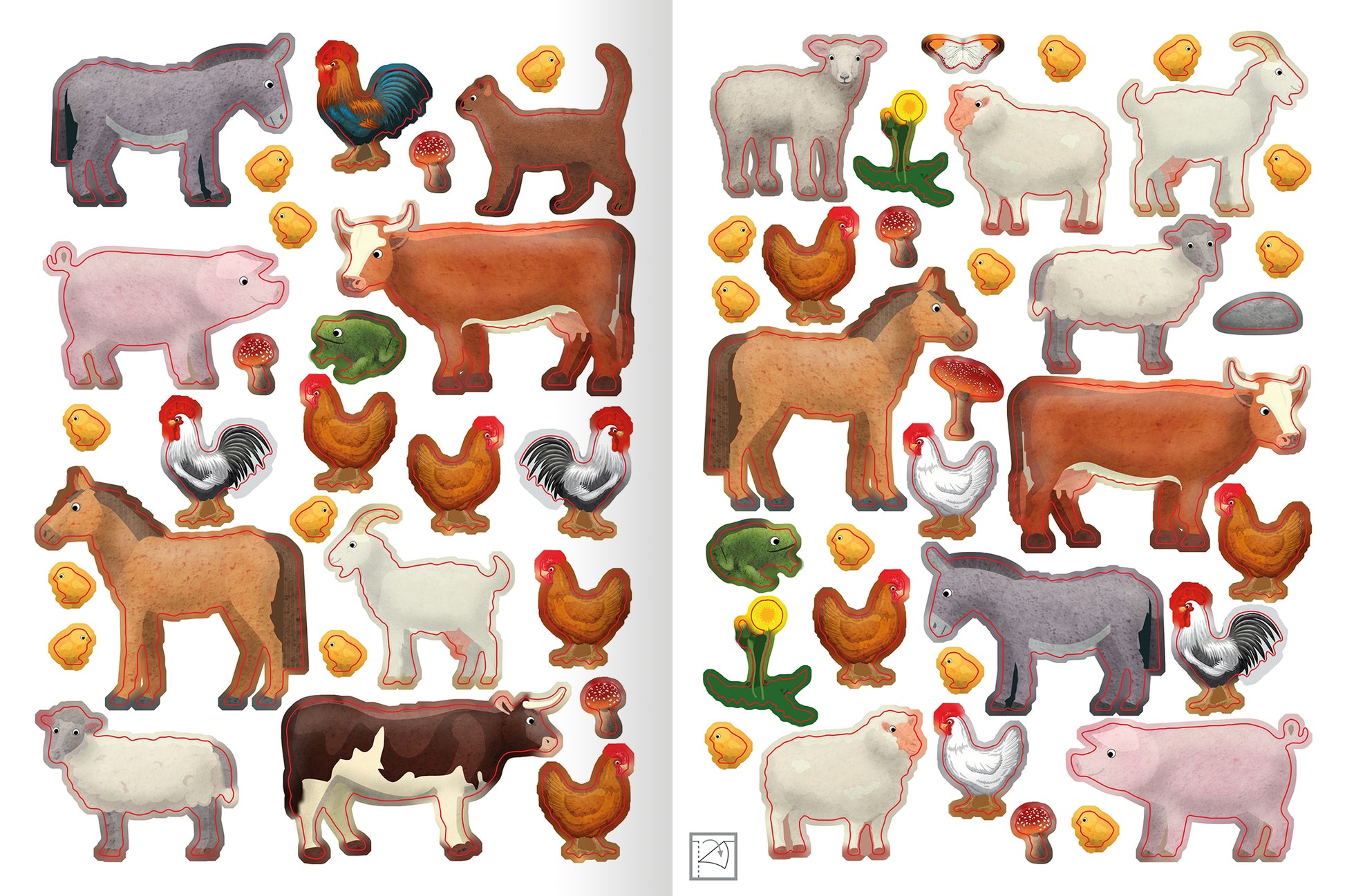 Gezeigt wird eine Innen- oder Zusatzansicht von „Erstes Stickern – Im Frühling“. Die Abbildung zeigt eine bunte Anordnung von verschiedenen Tiersymbolen und Objekten, darunter Pferde, Kühe, Schafe, Hühner und einige Pflanzen. Die Farben sind lebhaft und abwechslungsreich, mit warmen Erdtönen und kräftigen Akzenten. Die Typografie ist spielerisch und gut lesbar, ideal für eine kindliche Zielgruppe. Die Sticker wirken freundlich und einladend.