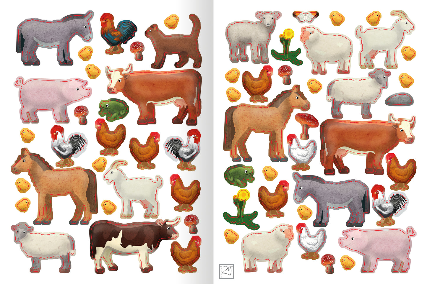 Gezeigt wird eine Innen- oder Zusatzansicht von „Erstes Stickern – Im Frühling“. Die Abbildung zeigt eine bunte Anordnung von verschiedenen Tiersymbolen und Objekten, darunter Pferde, Kühe, Schafe, Hühner und einige Pflanzen. Die Farben sind lebhaft und abwechslungsreich, mit warmen Erdtönen und kräftigen Akzenten. Die Typografie ist spielerisch und gut lesbar, ideal für eine kindliche Zielgruppe. Die Sticker wirken freundlich und einladend.