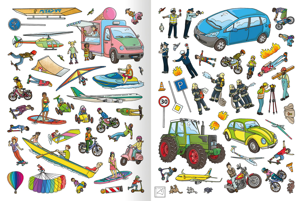 Gezeigt wird eine Innen- oder Zusatzansicht von „Erstes Stickern Metallic – Fahrzeuge“. Die Seite enthält bunte, detailreiche Illustrationen von verschiedenen Fahrzeugen wie Autos, Traktoren und Flugzeugen. Zahlreiche Figuren sind abgebildet, die Aktivitäten wie Fahren, Spielen und Fliegen darstellen. Die Farbpalette reicht von lebhaften Rottönen und Gelb bis hin zu kühlen Blau- und Grüntönen. Die Typografie ist kindgerecht und klar, mit großen, gut lesbaren Zeichen.