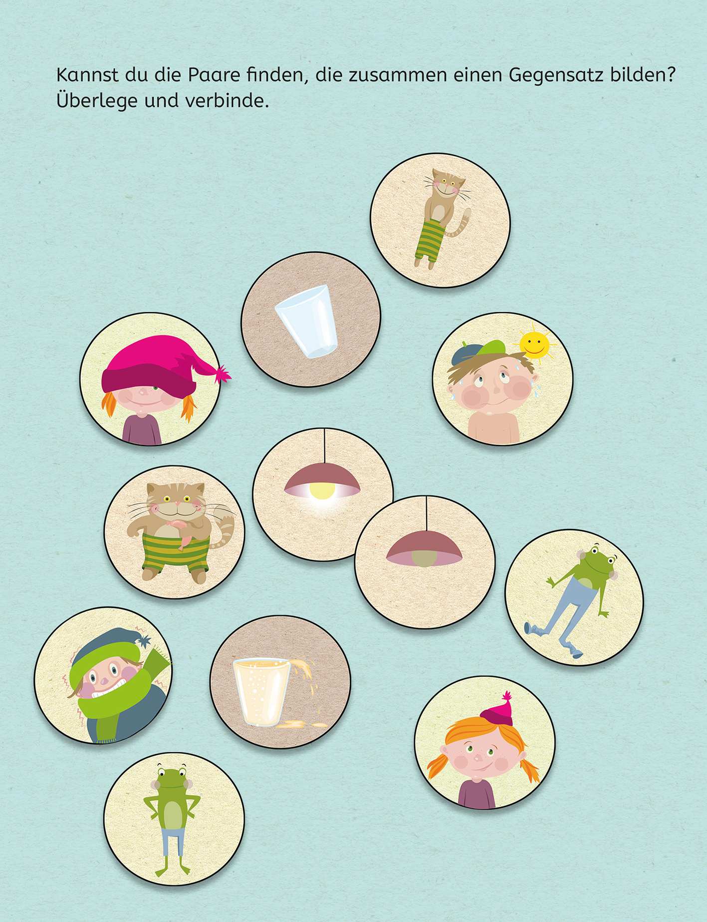 Gezeigt wird eine Innen- oder Zusatzansicht von „Mein Lernblock für die Vorschule – Logisches Denken“. Die Illustration zeigt mehrere runde Karten mit freundlichen Zeichnungen: Kinder und verschiedene Gegenstände, die Paare bilden sollen. Die Farben sind hell und einladend, mit einem sanften Farbton für den Hintergrund und kräftigen, spielerischen Farben für die Figuren und Objekte. Die Schrift ist klar und gut lesbar, steht über den Karten und fordert dazu auf, Gegensätze zu...