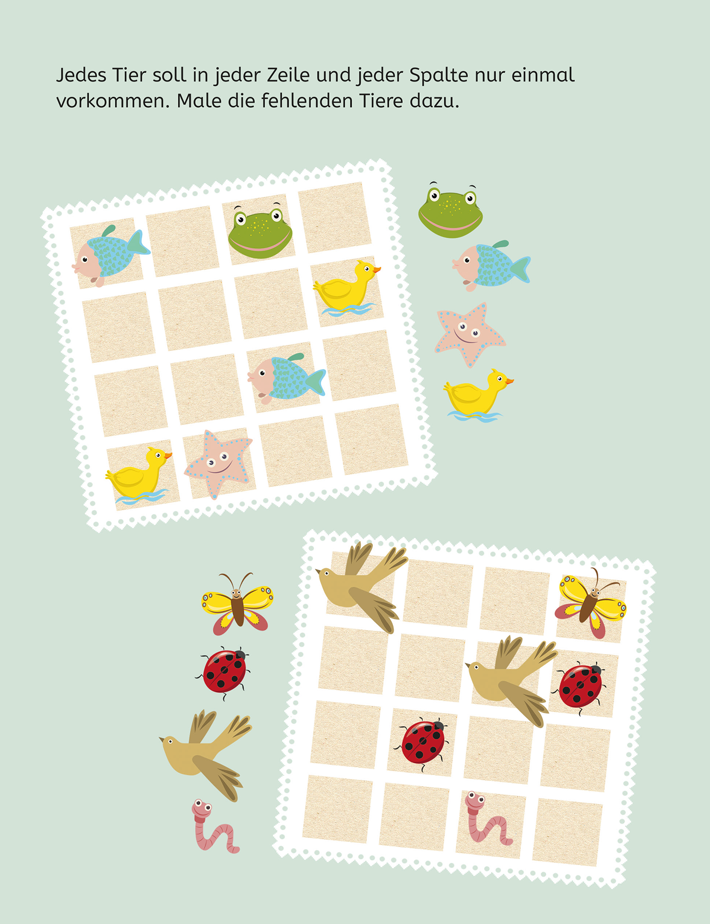 Gezeigt wird eine Innen- oder Zusatzansicht von „Mein Lernblock für die Vorschule – Logisches Denken“. Die Seite ist in sanften Pastellfarben gehalten, vorwiegend in Hellgrün, und zeigt zwei übereinander angeordnete Raster mit Kästchen. Jedes Kästchen ist leer, während bunte Tierillustrationen wie Frösche, Fische, Vögel und Käfer verteilt um die Raster anzutreffen sind. Oberhalb der Raster steht eine klare, kindgerechte Schrift mit der Aufforderung, die fehlenden Tiere zu...