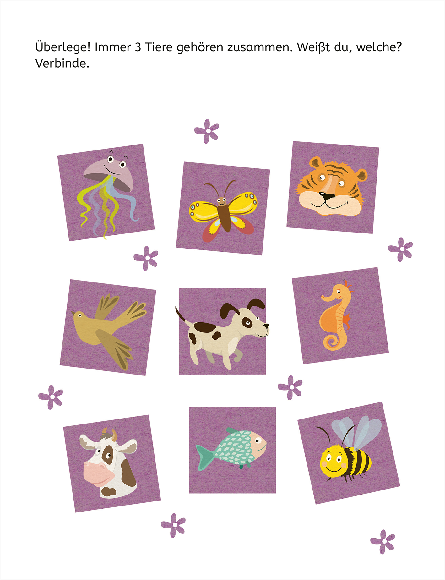 Gezeigt wird eine Innen- oder Zusatzansicht von „Mein Lernblock für die Vorschule – Logisches Denken“. Die Seite präsentiert ein kreatives Layout mit zehn illustrativen Tiermotiven, die auf lilafarbenen Quadraten angeordnet sind. Jedes Tier, wie ein Tiger, eine Kuh und ein Fisch, wird durch farbenfrohe Zeichnungen hervorgehoben. Oben steht die Anweisung „Überlege! Immer 3 Tiere gehören zusammen. Weißt du, welche? Verbinde.“ in klarer, leserlicher Schrift. Kleine, lilafarbene...