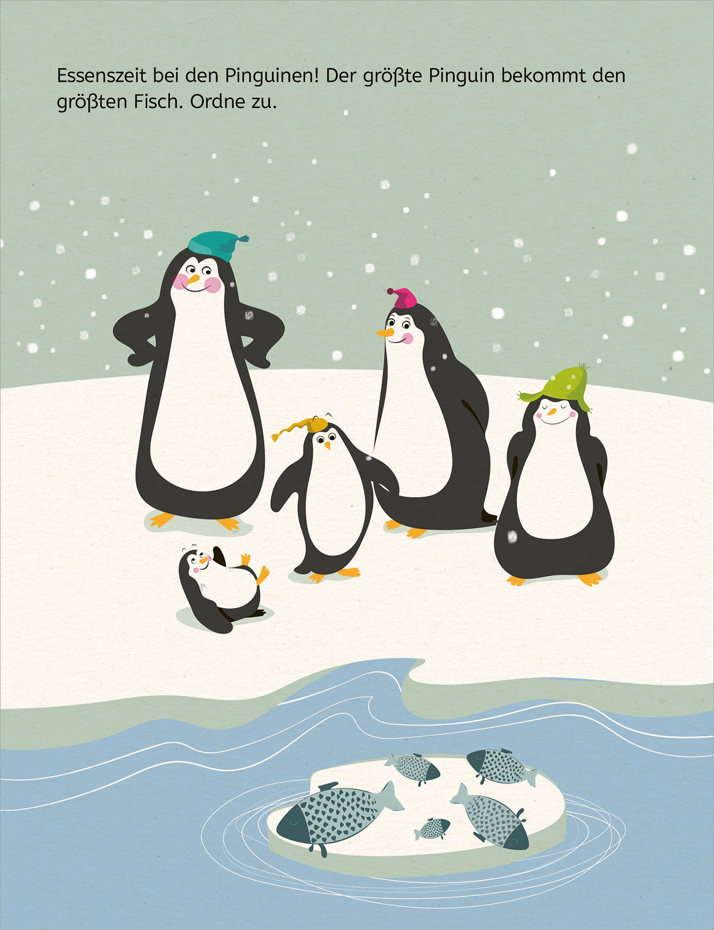 Gezeigt wird eine Innen- oder Zusatzansicht von „Mein Lernblock für die Vorschule – Logisches Denken“. Die Darstellung zeigt eine winterliche Szene mit fünf pinguinen, die in verschiedenen Positionen stehen. Die Pinguine tragen bunte Hüte in Grün und Pink. Der schneebedeckte Hintergrund ist in sanften Grün- und Blautönen gehalten. Über den Pinguinen steht der Text „Essenszeit bei den Pinguinen! Der größte Pinguin bekommt den größten Fisch. Ordne zu.“ Die freundliche...