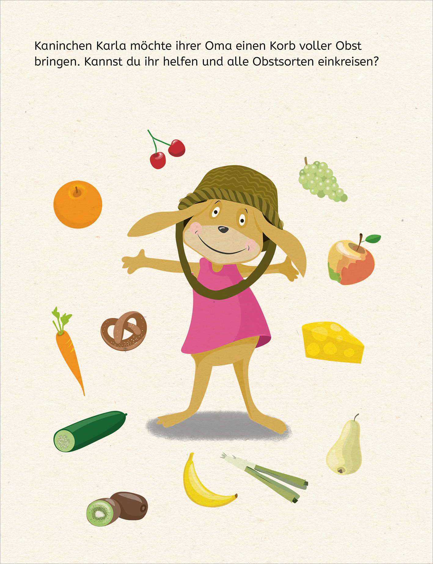 Gezeigt wird eine Innen- oder Zusatzansicht von „Mein Lernblock für die Vorschule – Logisches Denken“. Die Illustration zeigt ein fröhliches Kaninchen namens Karla, das in einem pinken Kleid mit einem Korb auf dem Kopf steht. Rund um Karla schwirren verschiedene Obstsorten wie Äpfel, Trauben und Orangen, sowie ein Karotten, eine Banane und weiteres Gemüse. Der Hintergrund ist in sanften Beigetönen gehalten, während die Typografie oben die Frage stellt, ob die Leser ihr helfen...