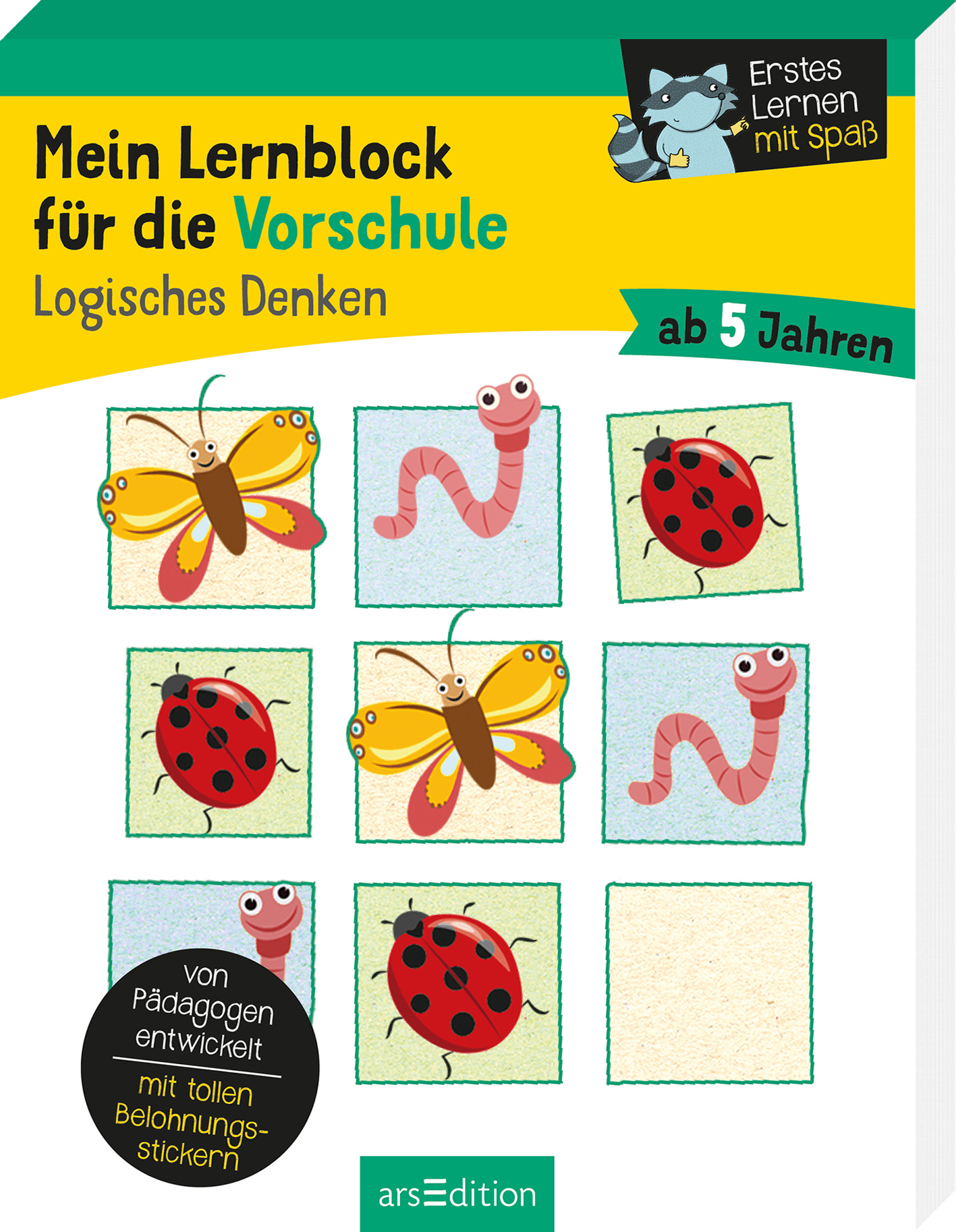 Das Buchcover zeigt ein fröhliches und bunt gestaltetes Layout. Oben in leuchtendem Gelb steht der Titel „Mein Lernblock für die Vorschule“ in großen, klaren Buchstaben, begleitet von dem Untertitel „Logisches Denken“. Darunter sind Illustrationen von einem Schmetterling, einem Wurm und Marienkäfern in sanften Pastellfarben angeordnet, die kindliche Neugier erwecken. Im unteren linken Bereich befindet sich ein runder, schwarzer Button mit dem Text „von Pädagogen entwickelt –...