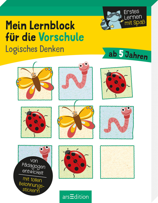 Das Buchcover zeigt ein fröhliches und bunt gestaltetes Layout. Oben in leuchtendem Gelb steht der Titel „Mein Lernblock für die Vorschule“ in großen, klaren Buchstaben, begleitet von dem Untertitel „Logisches Denken“. Darunter sind Illustrationen von einem Schmetterling, einem Wurm und Marienkäfern in sanften Pastellfarben angeordnet, die kindliche Neugier erwecken. Im unteren linken Bereich befindet sich ein runder, schwarzer Button mit dem Text „von Pädagogen entwickelt –...