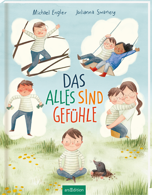 Auf dem Buchcover „Das alles sind Gefühle“ sind fünf verschiedene Szenen mit dem Protagonisten abgebildet. Der Hintergrund zeigt eine grüne Wiese und einen Himmel in sanftem Blau. Die Titelgestaltung ist farbenfroh, wobei „Das“ in Blau und „alles sind Gefühle“ in kräftigem Grün, Orange und Rot hervorgehoben wird. Unter dem Titel sitzt der lächelnde Protagonist. Er trägt eine runde Brille, ein grüngestreiftes Oberteil und eine blaue Hose. Neben ihm schaut ein Maulwurf aus...