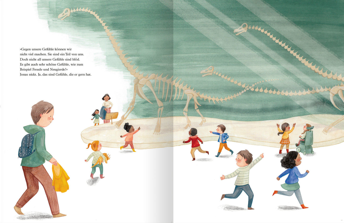 Gezeigt wird eine Innenansicht von „Das alles sind Gefühle“. Die Illustration zeigt eine bunte Szene in einem Museum mit Dinosaurier-Skeletten im Hintergrund. Kinder sind dynamisch unterwegs, einige spielen und lachen. Die Farbpalette ist lebhaft mit unterschiedlichen Grün- und Erdtönen gestaltet, während die Typografie in klarer Schrift auf weißem Hintergrund präsentiert wird. Die Atmosphäre vermittelt Freude und Neugierde.