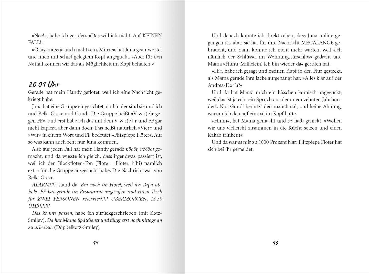 Gezeigt wird eine Innen- oder Zusatzansicht von „Pfeffer und Minze – Zusammen ist das Chaos perfekt“. Der Text auf dieser Doppelseite ist in einer gut lesbaren schwarzen Schrift auf weißem Hintergrund gesetzt.