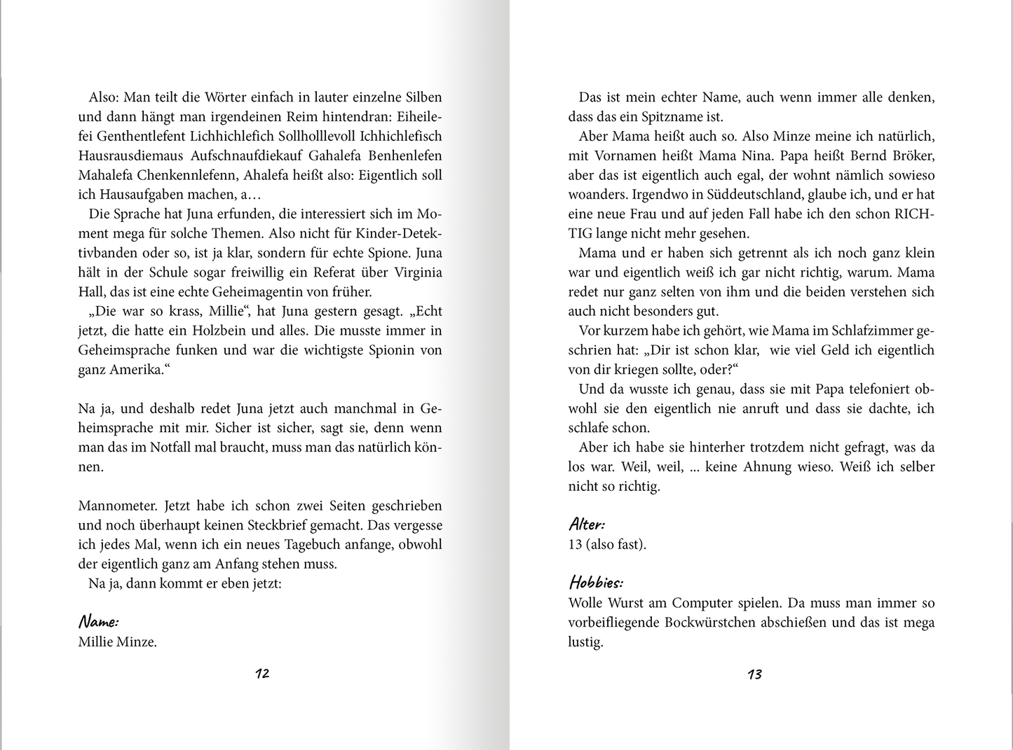 Gezeigt wird eine Innen- oder Zusatzansicht von „Pfeffer und Minze – Zusammen sind wir einfach genial“. Die Seiten zeigen einen klaren, gut lesbaren Schriftstil in einer schwarzen Serifen-Typografie auf hellem Hintergrund.