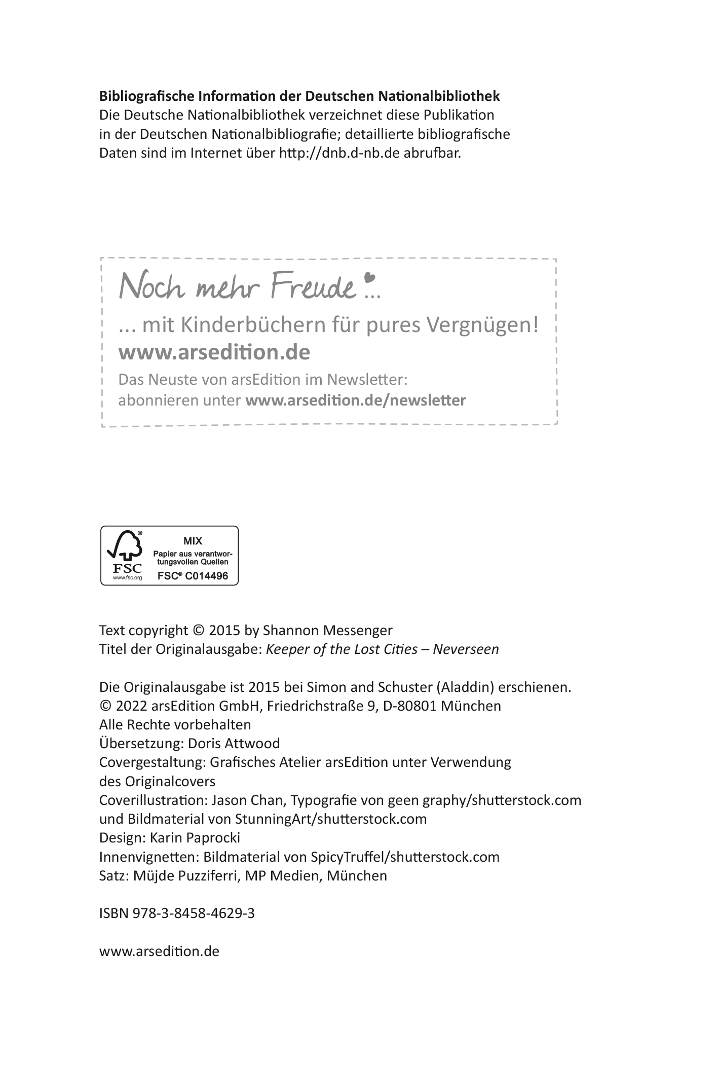 Gezeigt wird eine Innen- oder Zusatzansicht von „Keeper of the Lost Cities – Der Verrat“. Der Hintergrund ist in einem sanften Weißton gehalten, über dem schwarze und graue Schriftzüge angeordnet sind. Die Typografie ist klar und gut lesbar. Darauf zu sehen sind das FSC-Logo und ein Copyright-Vermerk.