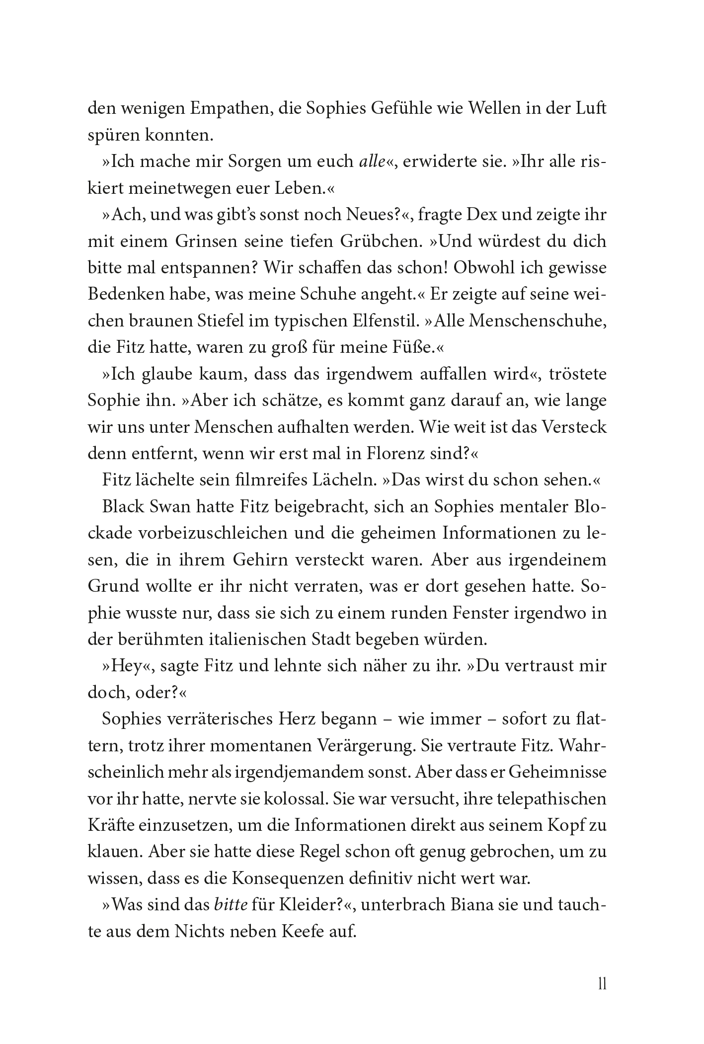 Gezeigt wird eine Innen- oder Zusatzansicht von „Keeper of the Lost Cities – Der Verrat“. Die Seite zeigt schwarz gedruckten Text auf weißem Hintergrund in einer gut lesbaren Serifenschrift, die in Absätze unterteilt ist.  Die Layoutgestaltung unterstützt die Lesbarkeit für alle Nutzer.