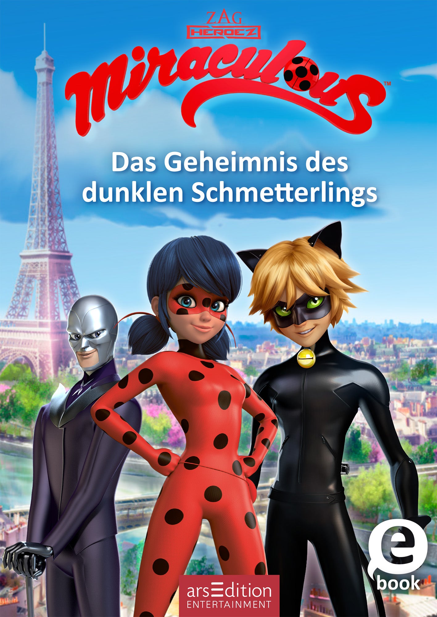 Das Cover zeigt Figuren im Vordergrund. Mittig steht eine weibliche Figur mit roten Punkten auf schwarzem Grund und ein männlicher Charakter mit einer Katze-Maske und ein weiterer Charakter in schwarzer Kleidung. Im Hintergrund ist der Eiffelturm vor einem blauen Himmel sichtbar. Die Schrift „Das Geheimnis des dunklen Schmetterlings“ ist in weißer Schrift auf dem Cover platziert. Ganz oben prangt der Titel „Miraculous“ in verspielter, roter Schrift. Ganz unten mittig steht der...