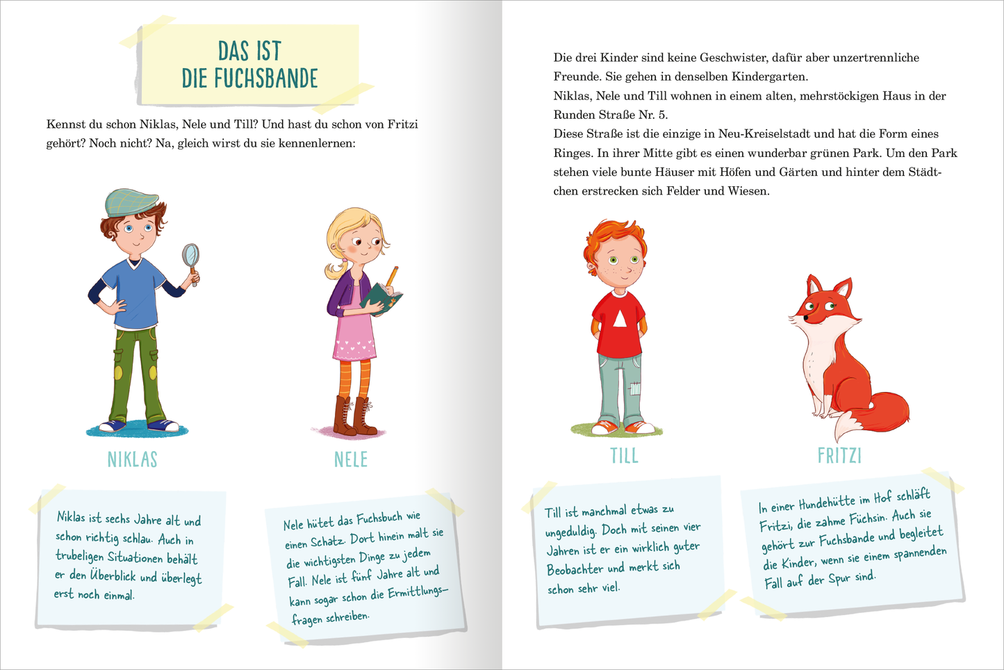 Gezeigt wird eine Innen- oder Zusatzansicht von „Die Fuchsbande“. Auf der Doppelseite präsentiert sich eine farbenfrohe Illustration von vier Charakteren: Niklas mit Lupe, Neele mit Buch, Till in rotem Shirt und Fritzi, einem Fuchs. Die Hintergrundfarben sind hell und freundlich, während die Sprechblasen der Kinder beige unterlegt sind. Die typografische Gestaltung ist modern und gut lesbar, mit definierten Schriftgrößen für Namen und Texte. Die gesamte Szene vermittelt eine einladende...