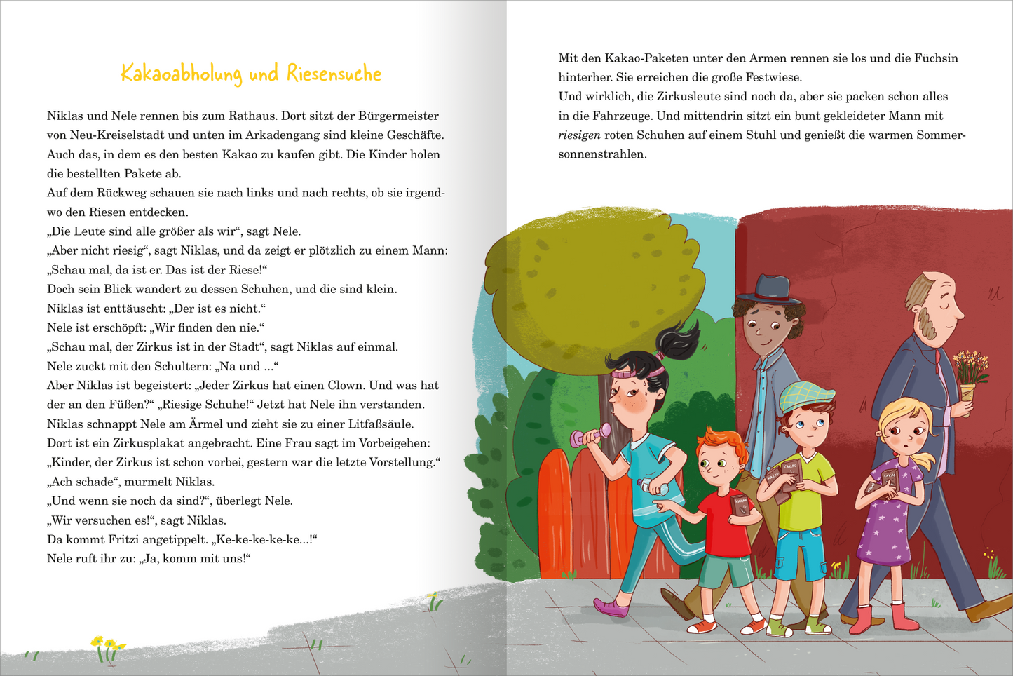 Gezeigt wird eine Innen- oder Zusatzansicht von „Die Fuchsbande“. Auf der linken Seite ist ein illustriertes Kinderbuchlayout zu sehen, das in sanften, warmen Farben gehalten ist. Die Typografie ist klar und gut lesbar. Die Seite enthält gesprächliche Texte zwischen den Charakteren, die fröhlich und neugierig wirken. Auf der rechten Seite sind mehrere Charaktere dargestellt, darunter Kinder und ein Erwachsener, die in verschiedenen Posen stehen und sich unterhalten, umgeben von einer...