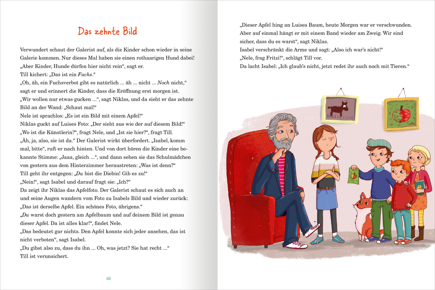 Gezeigt wird eine Innen- oder Zusatzansicht von „Die Fuchsbande“. Auf der linken Seite steht der Text „Das zehnte Bild“ in einer klaren, gut lesbaren Schriftart. Die Seite zeigt eine helle, freundliche Farbgebung mit sanften Pastelltönen. Auf der rechten Seite ist eine lebendige Illustration zu sehen, die einen älteren Mann in einem roten Sessel zeigt, während vier Kinder um ihn herum stehen, begleitet von einem Hund.