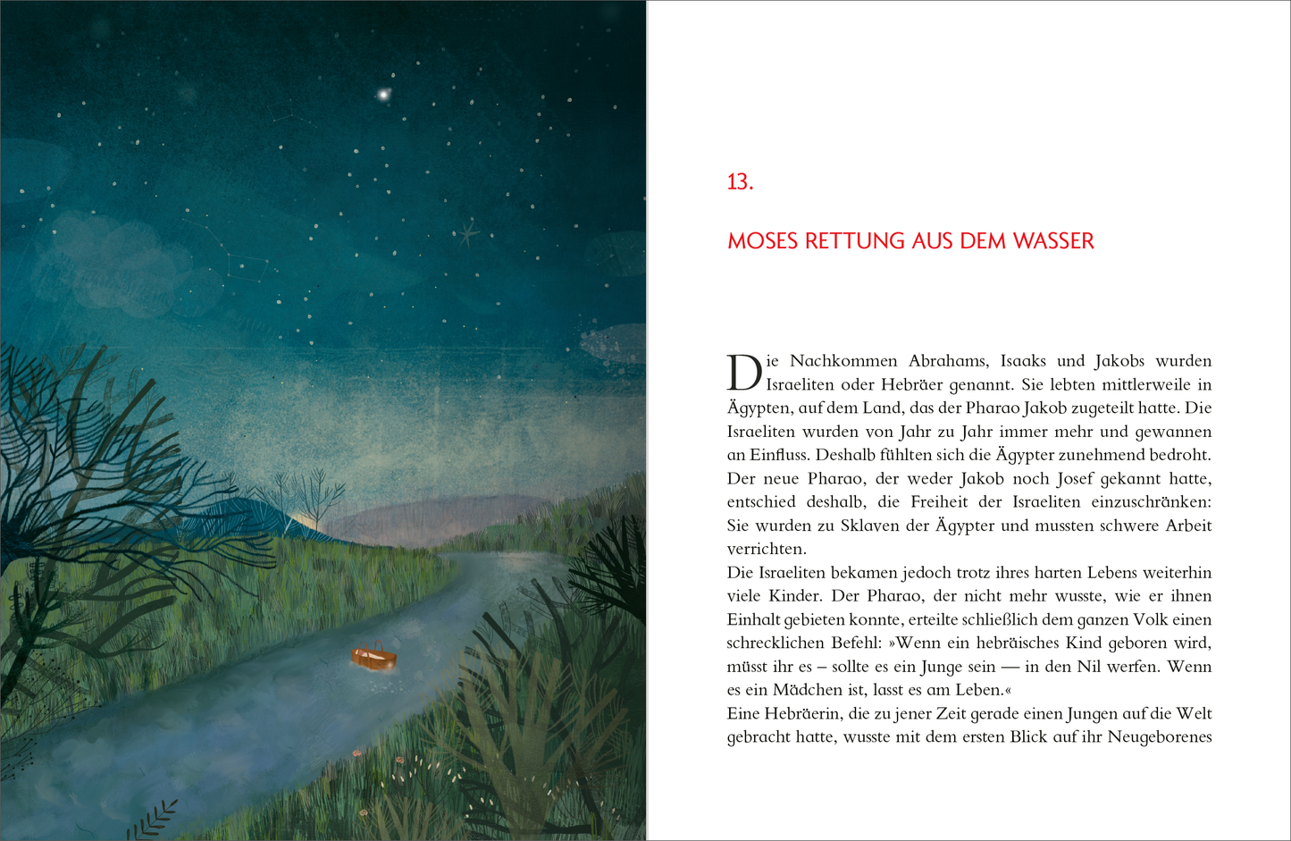 Gezeigt wird eine Innen- oder Zusatzansicht von „Meine große Kinderbibel“. Die Seite enthält eine sanft beleuchtete Illustration eines Gewässers unter einem sternenübersäten Himmel. Auf dem Wasser schwimmt ein kleines Boot. Links fließen zarte, grüne Pflanzen am Ufer entlang, die eine beruhigende, naturverbundene Atmosphäre schaffen. Der Text ist in deutscher Sprache, in klar lesbarer schwarzer Typografie, die sich harmonisch in das Gesamtbild einfügt, und farblich gehalten in...