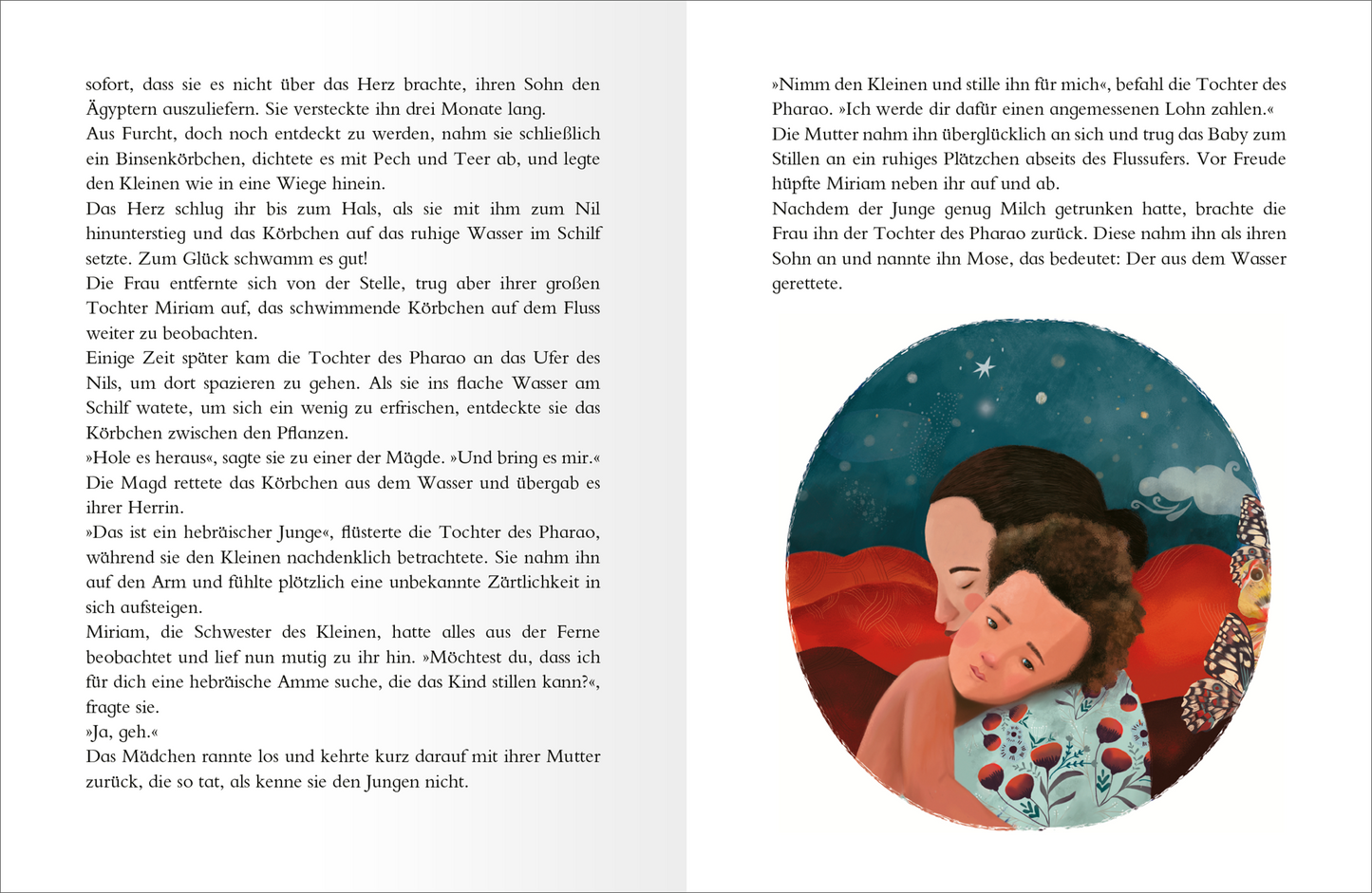 Gezeigt wird eine Innen- oder Zusatzansicht von „Meine große Kinderbibel“. Auf der linken Seite befinden sich poetische Texte in gut leserlicher, klarer Typografie. Die Schrift ist schwarz auf hellem Hintergrund. Rechts ist eine farbenfrohe Illustration zu sehen, die zwei Figuren in zärtlicher Umarmung zeigt, umgeben von einem leuchtend roten und sanften blauen Hintergrund. Diese weichen Farbtöne und die emotionalen Gesichter fördern eine einladende und beruhigende Atmosphäre.