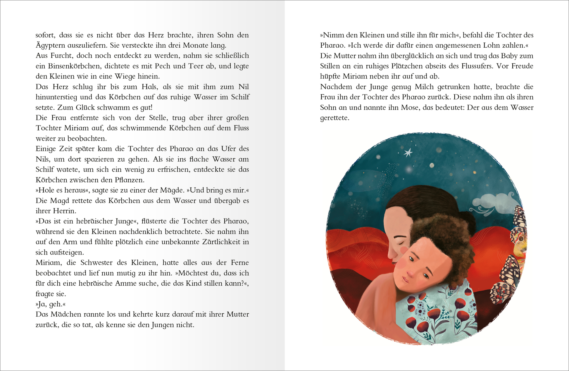 Gezeigt wird eine Innen- oder Zusatzansicht von „Meine große Kinderbibel“. Auf der linken Seite befinden sich poetische Texte in gut leserlicher, klarer Typografie. Die Schrift ist schwarz auf hellem Hintergrund. Rechts ist eine farbenfrohe Illustration zu sehen, die zwei Figuren in zärtlicher Umarmung zeigt, umgeben von einem leuchtend roten und sanften blauen Hintergrund. Diese weichen Farbtöne und die emotionalen Gesichter fördern eine einladende und beruhigende Atmosphäre.