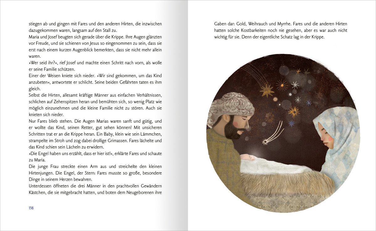 Gezeigt wird eine Innen- oder Zusatzansicht von „Meine große Kinderbibel“. Die doppelseitige Illustration zeigt eine in sanften, warmen Farben gestaltete Krippenszene. Auf der linken Seite ist ein Hirte mit einem weißen Gewand und braunen Haaren abgebildet, der aufmerksam auf ein neugeborenes Kind blickt. Auf der rechten Seite sieht man eine Frau mit einem hellen Kopf-Tuch, die das Kind sanft hält. Der Hintergrund ist mit zarten Sternen und einer runden, dunklen Fläche gestaltet, die...