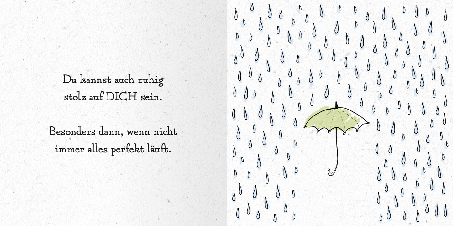 Gezeigt wird eine Innen- oder Zusatzansicht von „Das kleine Alles-wird-gut-Buch“. Auf der linken Seite steht der motivierende Text in klarer, gut lesbarer Typografie in Schwarz. Die rechte Seite zeigt eine sanfte, hellgrüne Regenbogen-Regenschirm-Illustration, umgeben von stilisierten blauen Regentropfen auf weißem Hintergrund. Der Gesamteindruck ist freundlich und aufmunternd, mit harmonischen Farben, die den positiven Inhalt unterstützen.