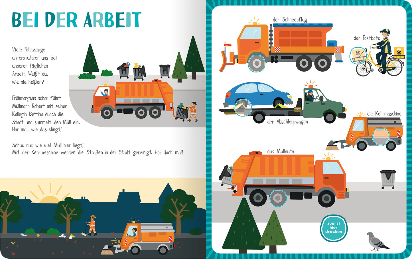 Gezeigt wird eine Innen- oder Zusatzansicht von „Mein kunterbuntes Soundbuch – Fahrzeuge“. Die Seite zeigt verschiedene Arbeitsfahrzeuge in lebhaften Farben, hauptsächlich in Orange, Blau und Grün. Im Vordergrund sind ein Müllwagen und ein Schneepflug abgebildet, umgeben von kleinen, spielerischen Illustrationen von Bäumen, Straßen und Menschen, die Müllsammelarbeiten durchführen. Die Schrift ist kindgerecht und klar, mit leicht lesbaren Texten zu den einzelnen Fahrzeugen.